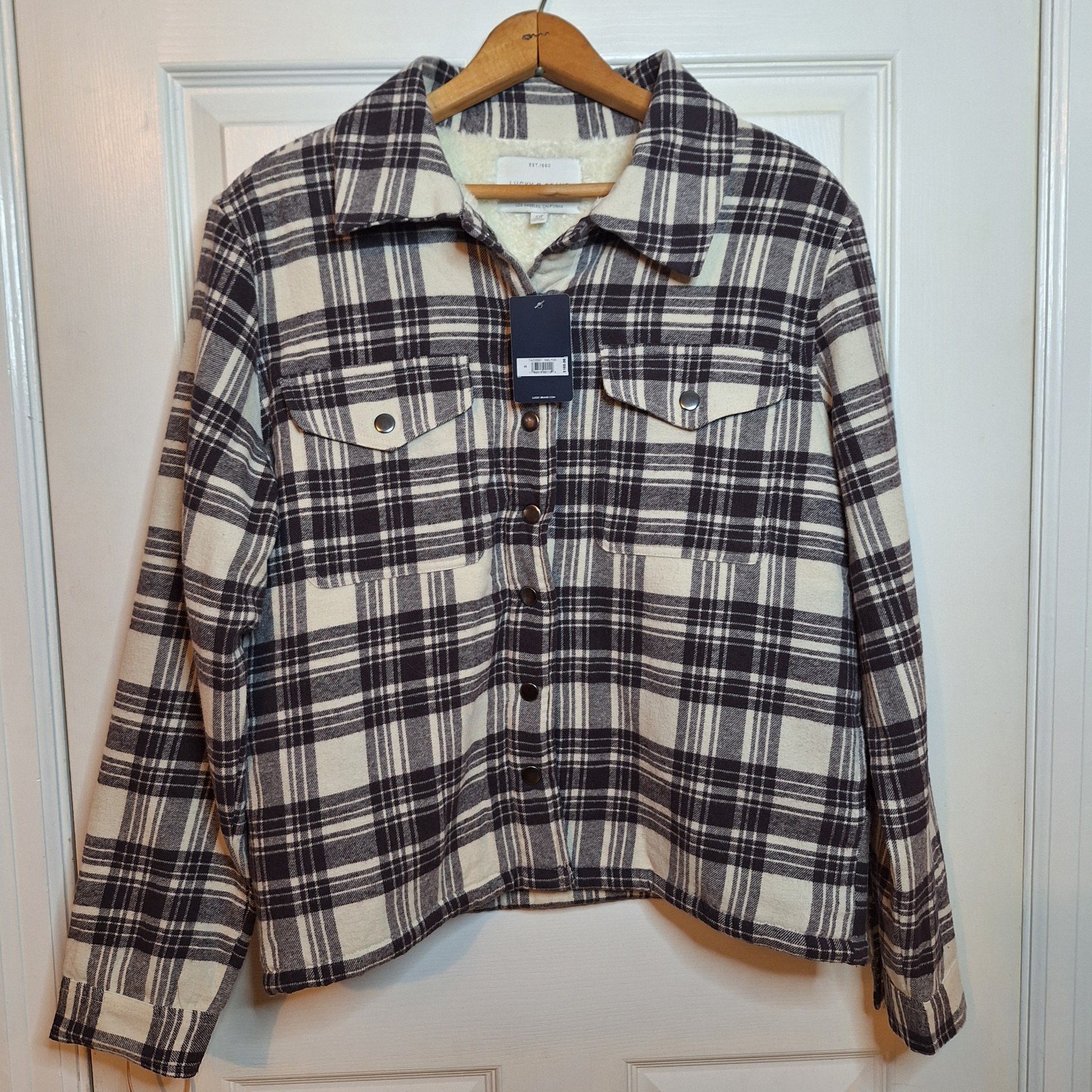 Lucky Brand Black White Plaid Sherpa Lined Flannel Jacket Shacket Button Up Sz S