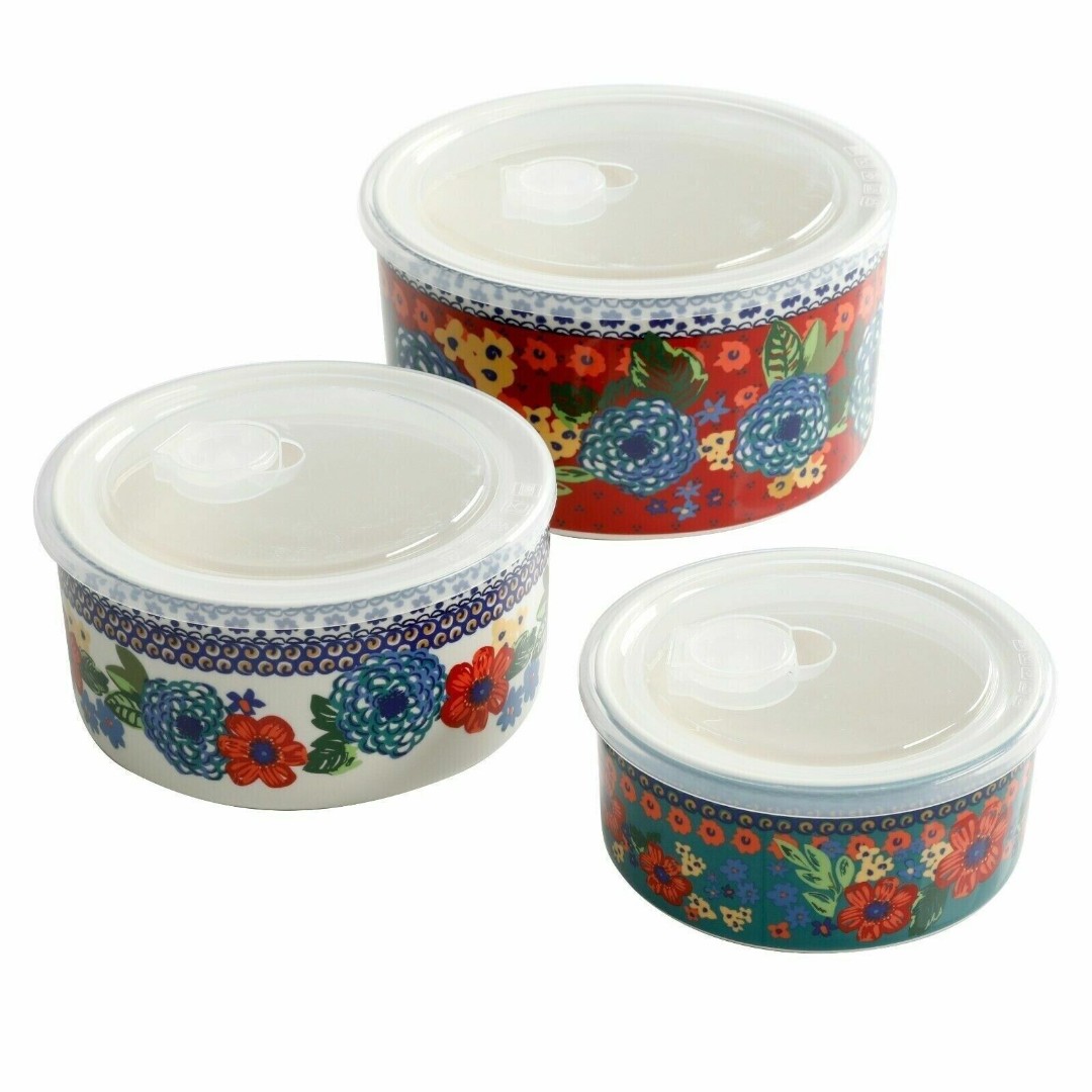 Pioneer Woman Dazzling Dahlias Kitchen Ceramic Storage Containers Lids 3-Pc NEW