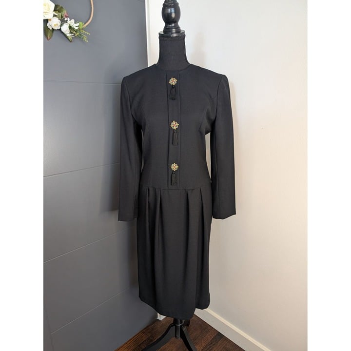 Vintage Maggy London Black Wool Dress W/ Embellished Appliques & Tassels - 4