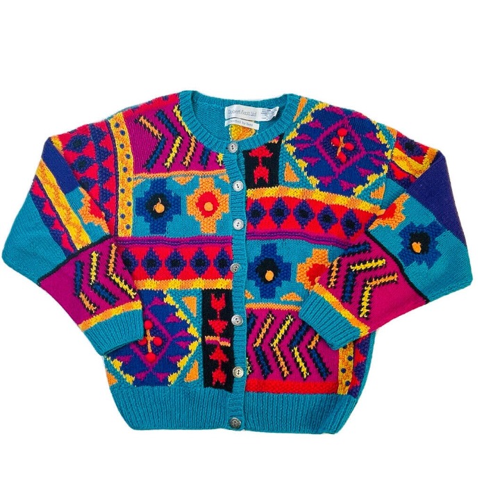 Vintage Womens Small Hand Knit Coogi Style Rainbow Cardigan Sweater