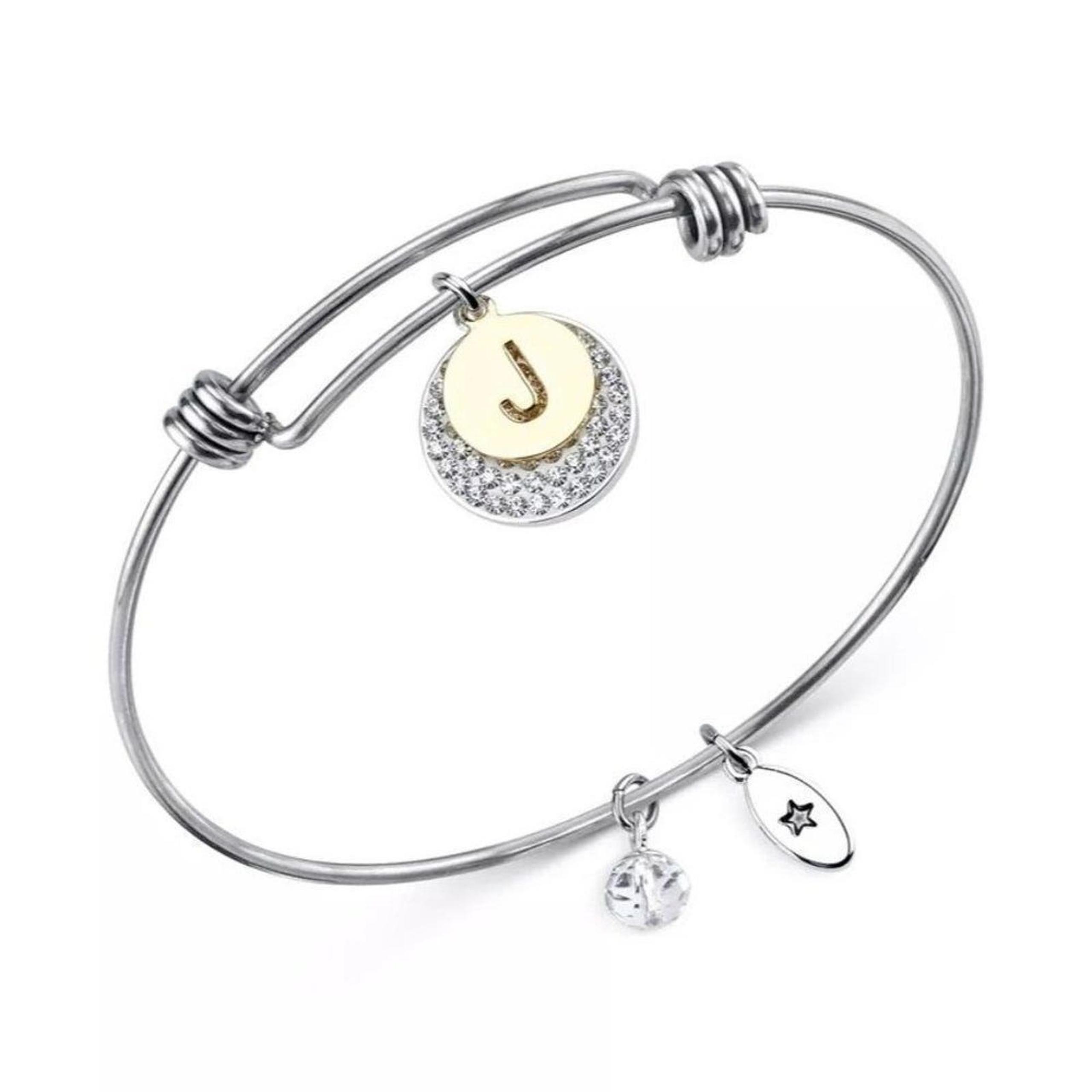 Unwritten Pave and Initial Disc Bangle Bracelet in Stainless Steel women Silver