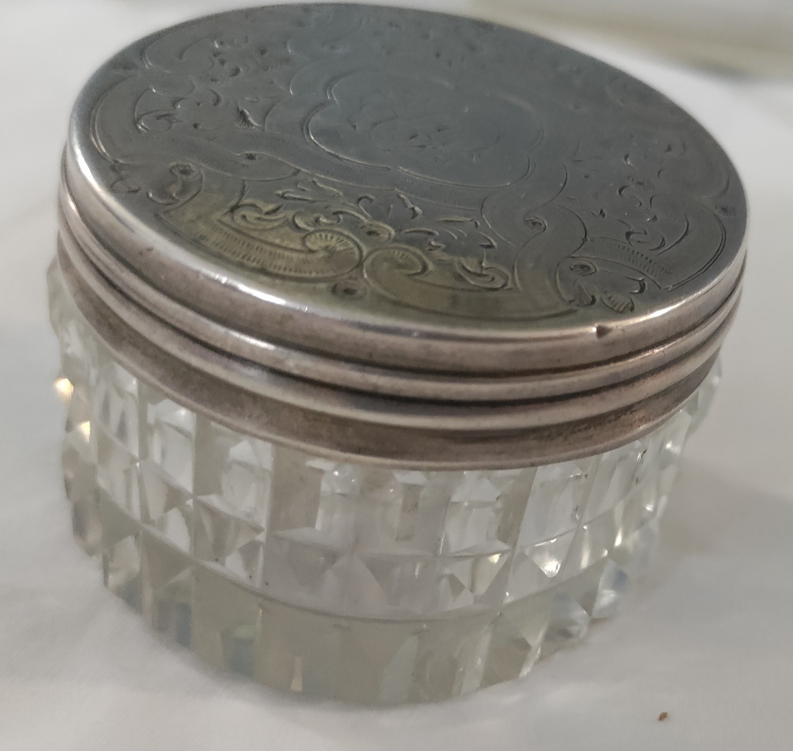 Vintage Crystal Vanity Dish - hand etched sterling silver lid