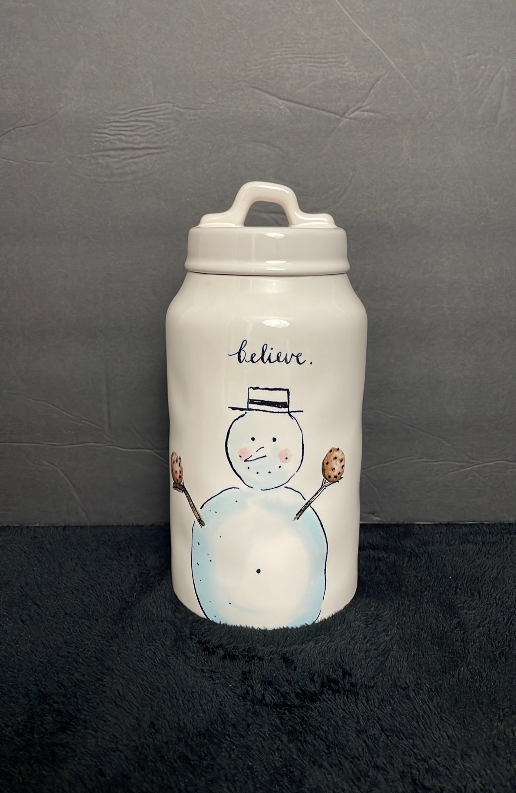 Rae Dunn Believe Snowman canister