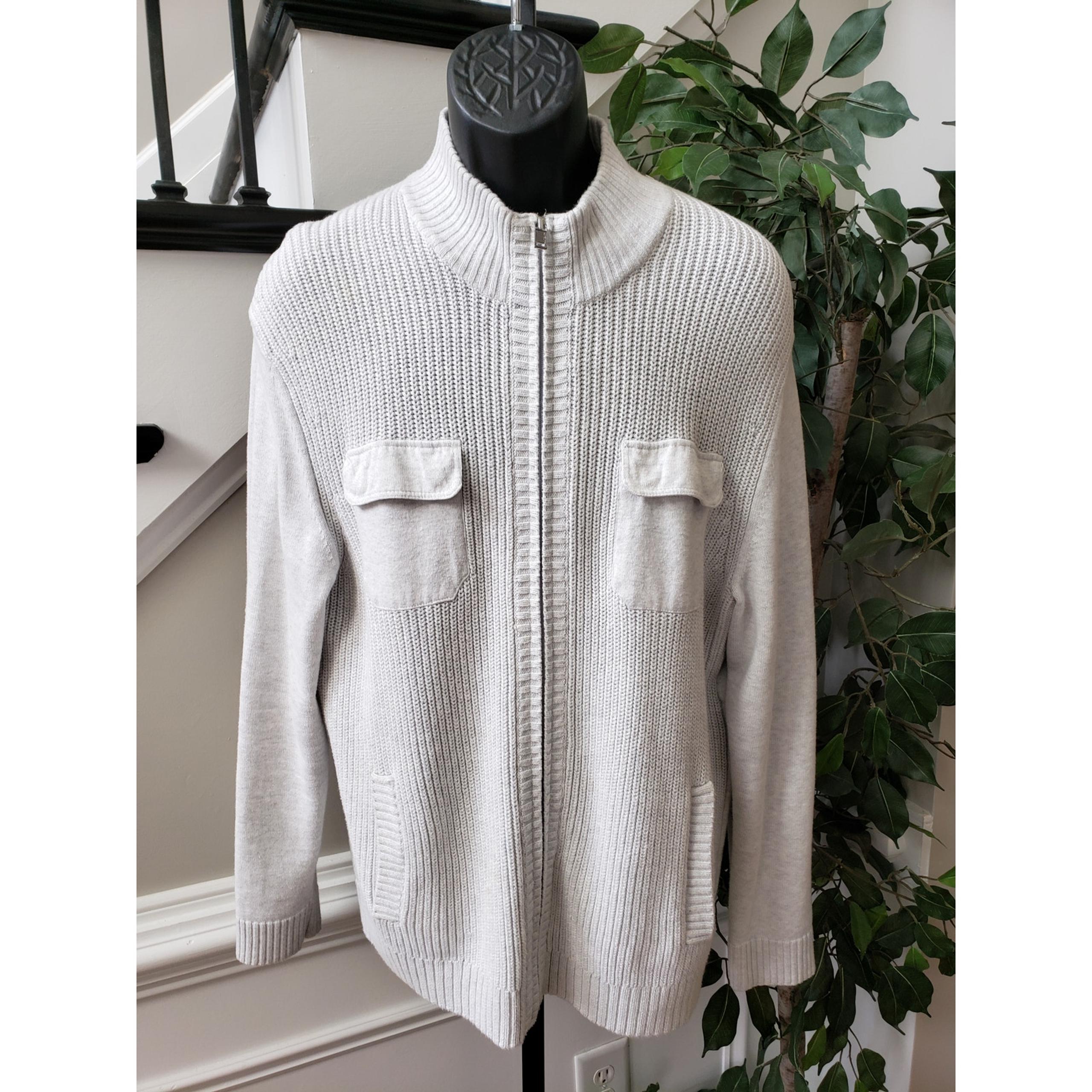 Alfani Cardigan Sweater Men's Large White Knit 100% Cotton Long Sleeve Full Zip