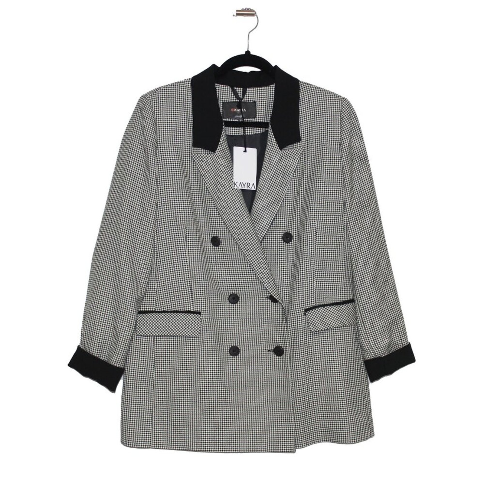 KAYRA Houndstooth Double-breasted Blazer Black & Green NWT Size 44 Large