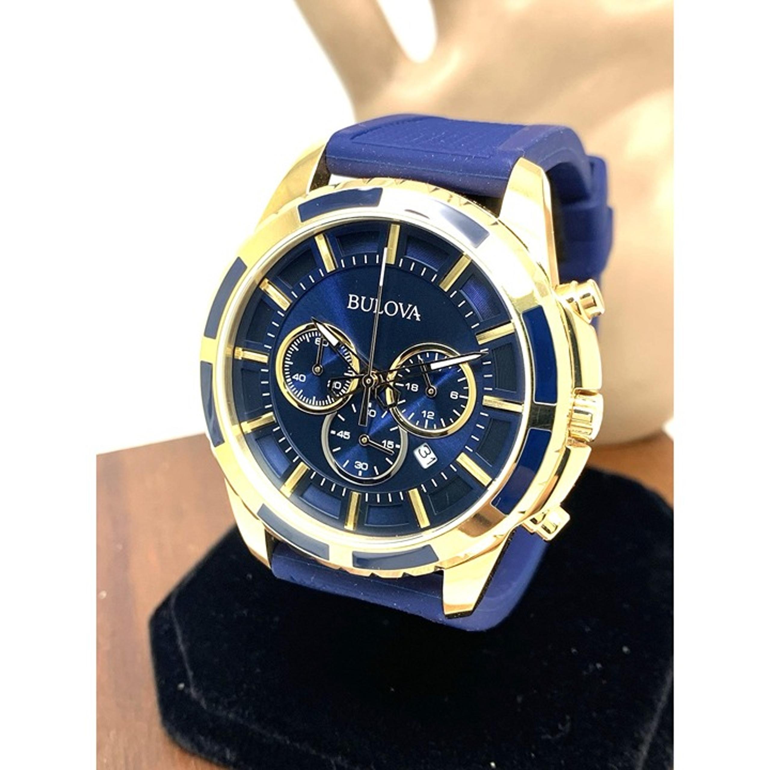 Bulova Men's Watch 97D122 Quartz Chronograph Gold Blue Dial Rubber Strap 44mm