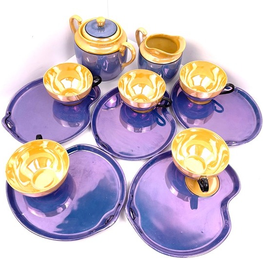 Vintage 5Place TeaSet Art Deco Blue & Mustarg Glaze Czechoslovakia and Japan