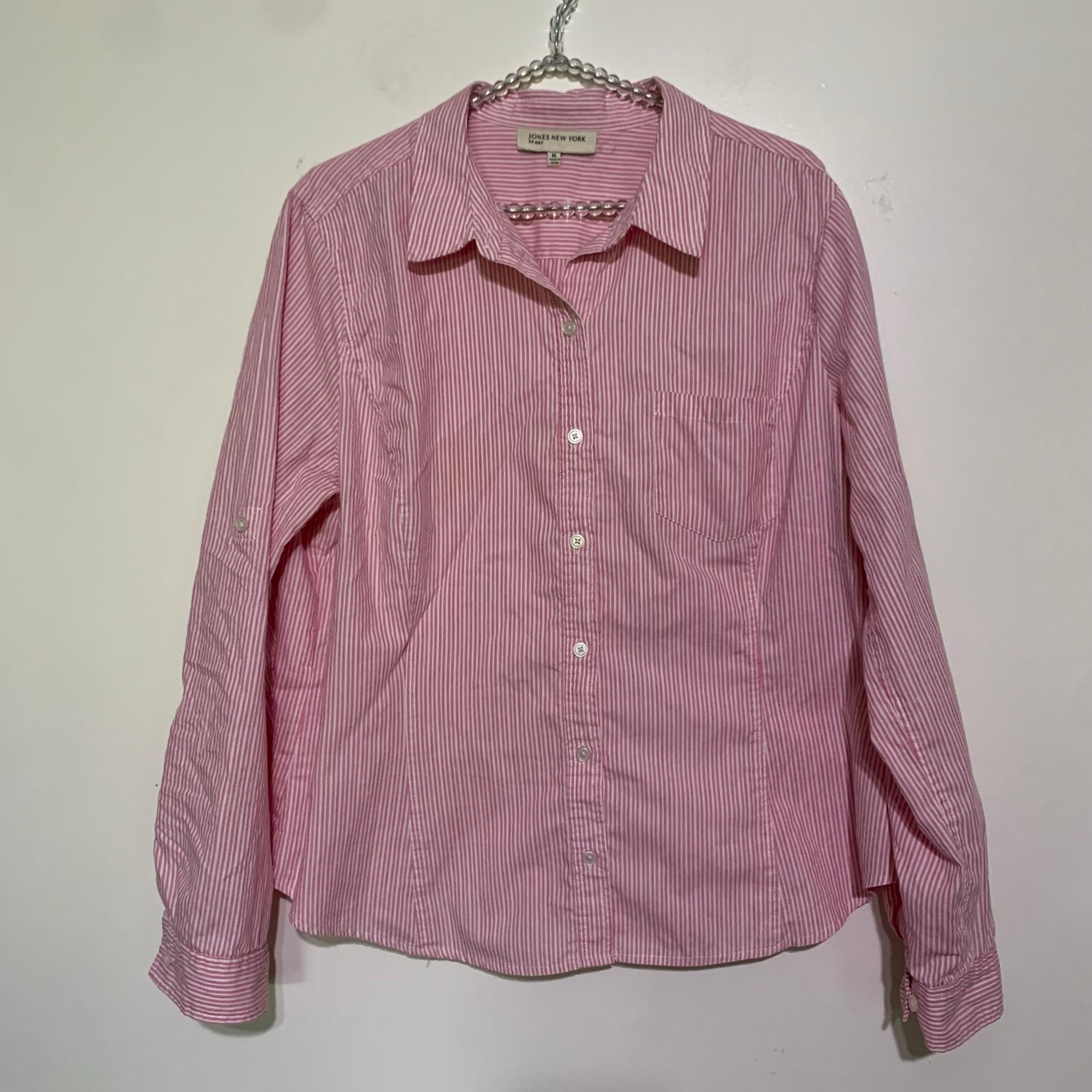 Jones New York Sport XL Pink Striped Long Roll Tab Sleeve Button Up Fitted Shirt