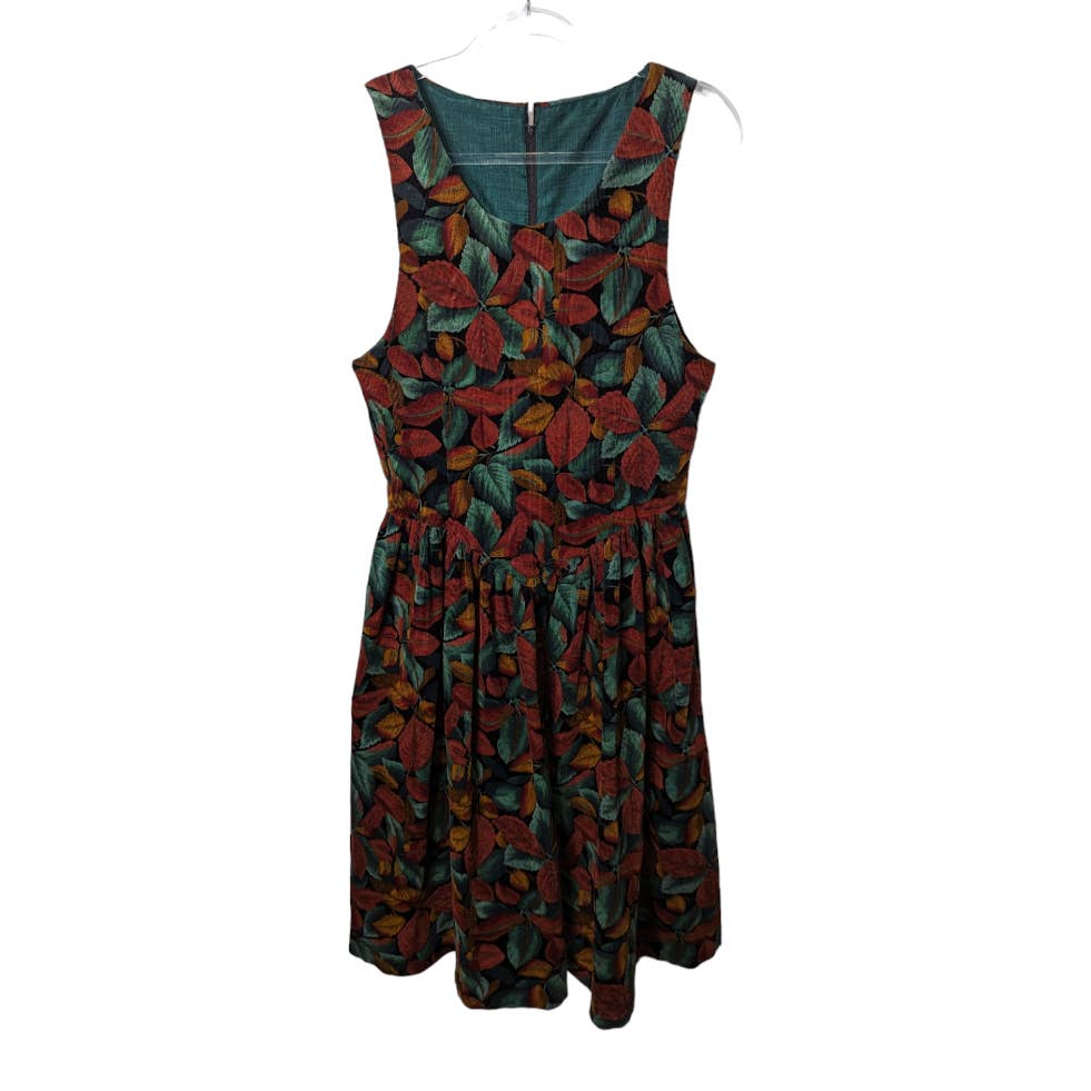 Vintage Corduroy Leaf Print Fit and Flare Sleeveless Dress Green Brown Black