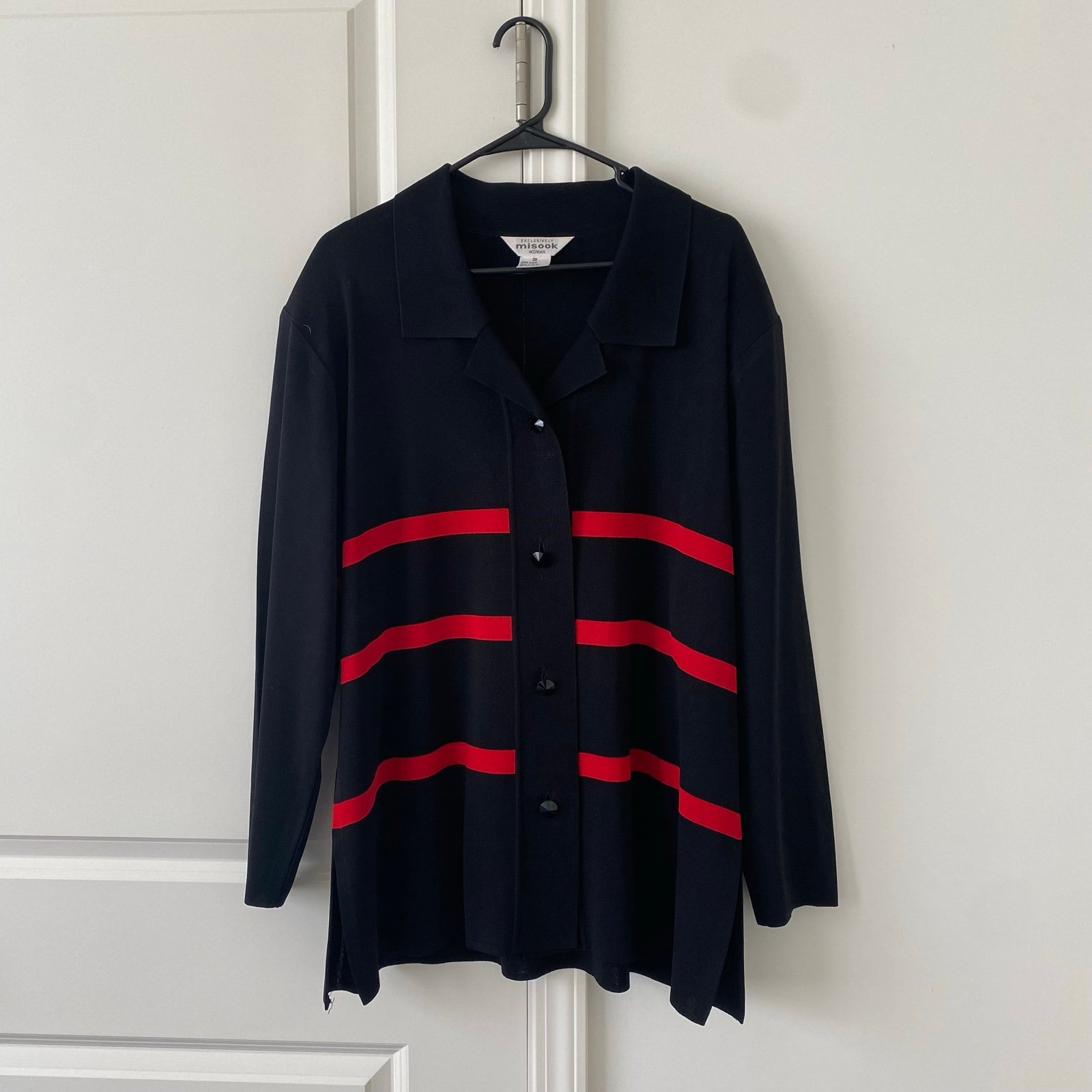 Exclusively Misook Black Red Striped Cardigan Vintage Size 2x Plus Classic
