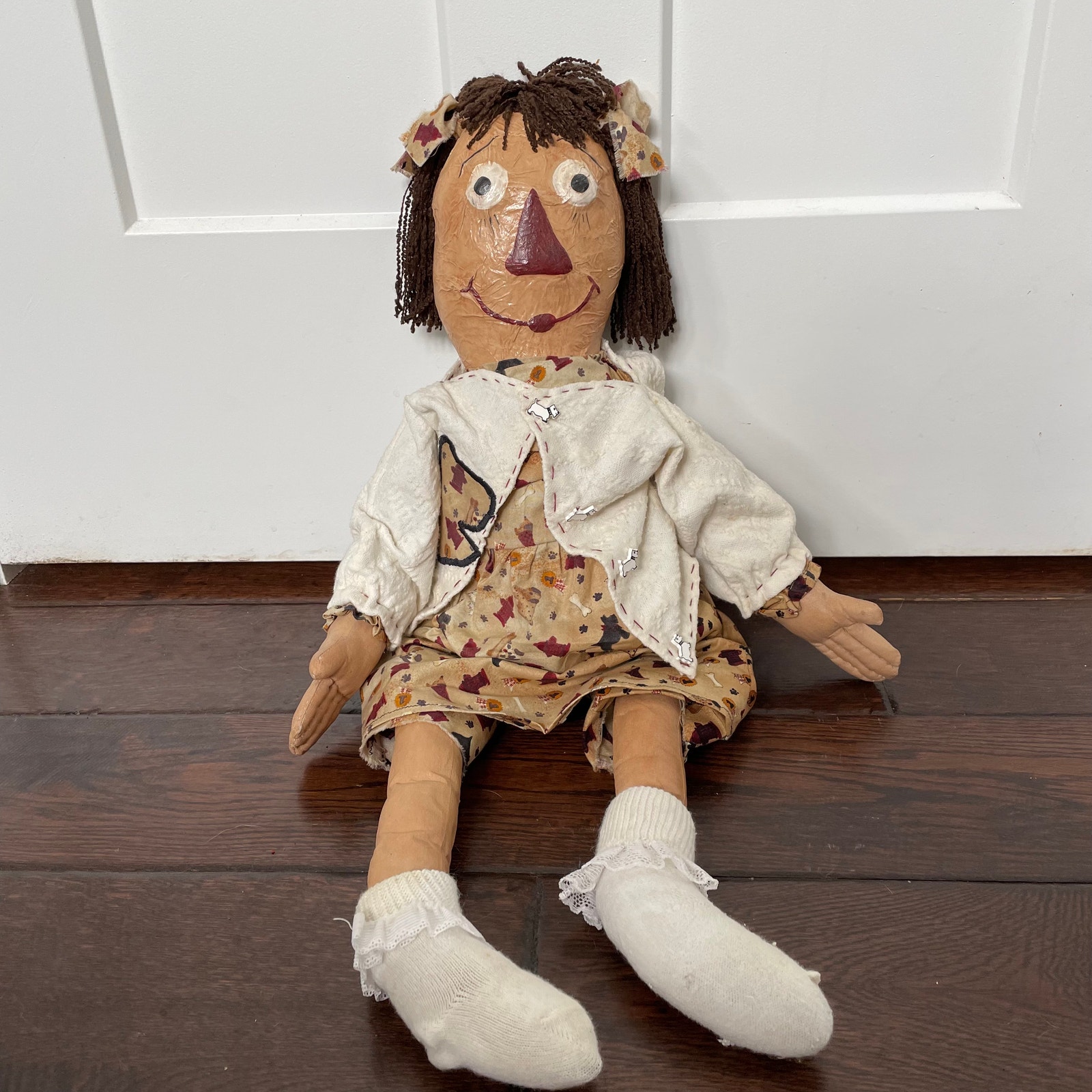 Primitive Raggedy Ann Doll Artisan Oil Cloth Folk Art Americana Rustic Toy