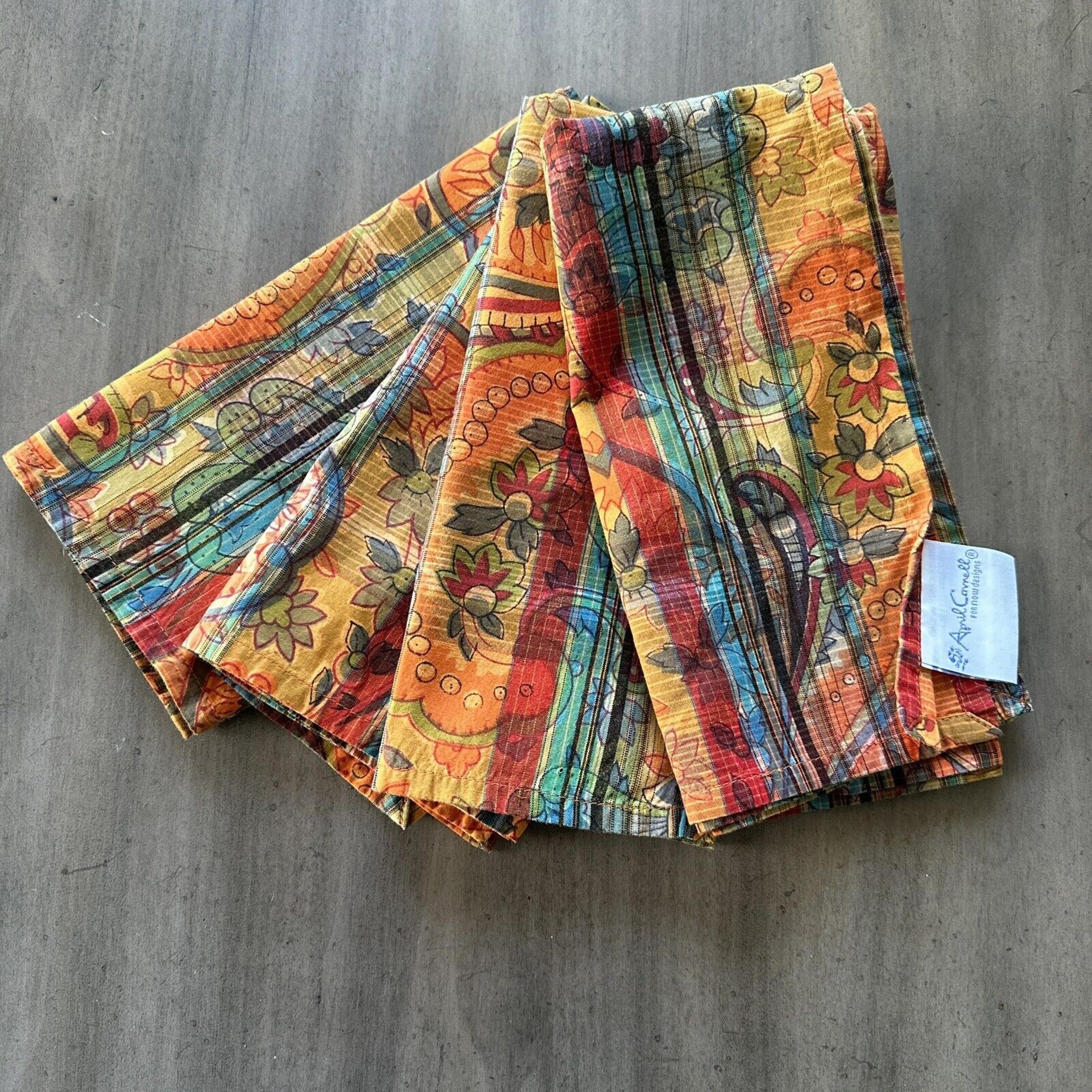 April Cornell 100% Cotton Napkin Set 4 Bohemian Plaid Rust Fall Paisley Stripe