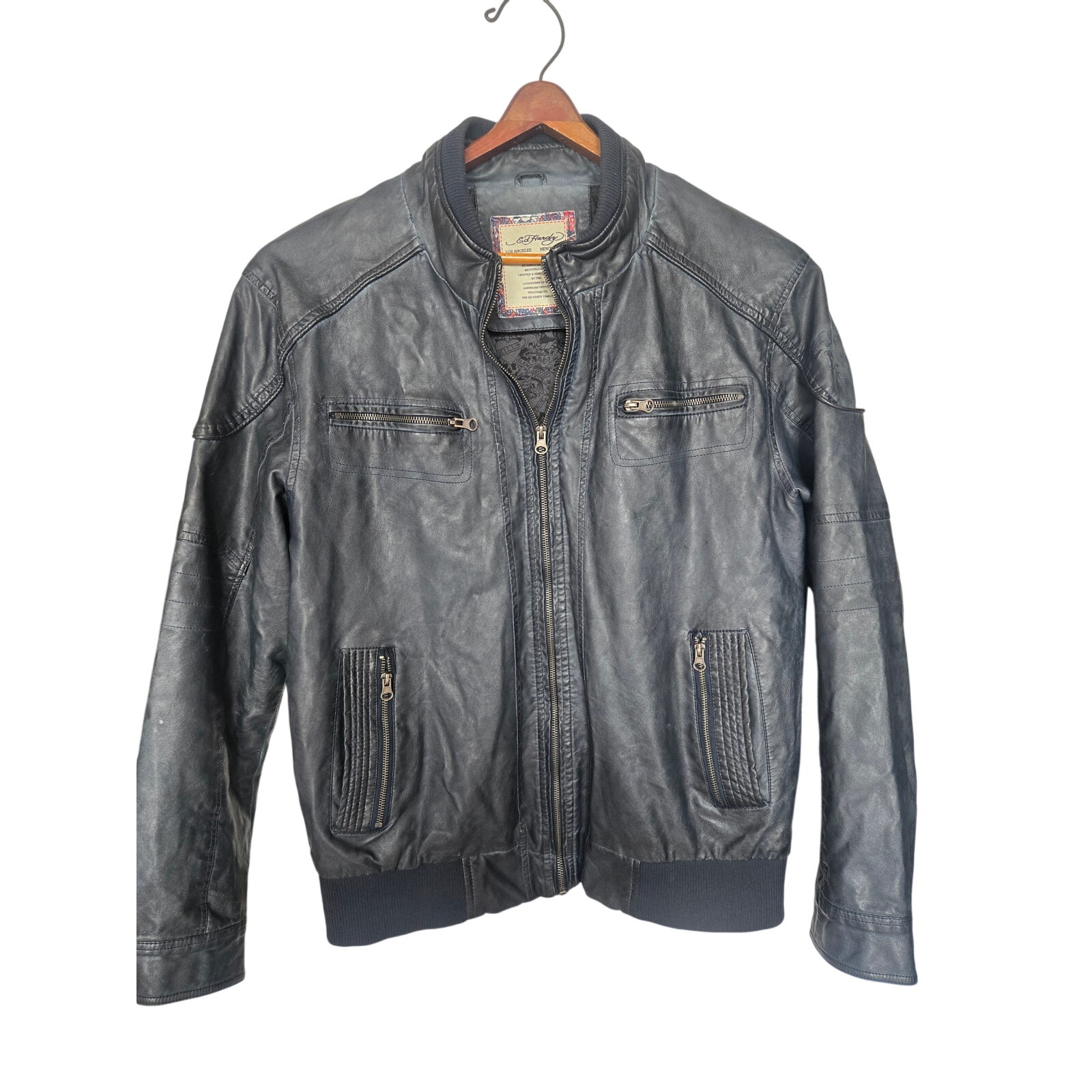 Vintage Y2K Men's Ed Hardy Zip Polyurethane Blend Dark Blue Jacket