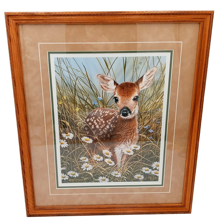 Baby Deer Framed Print Limited Edition Signed COA Spring Meadow White Tailed Faw
