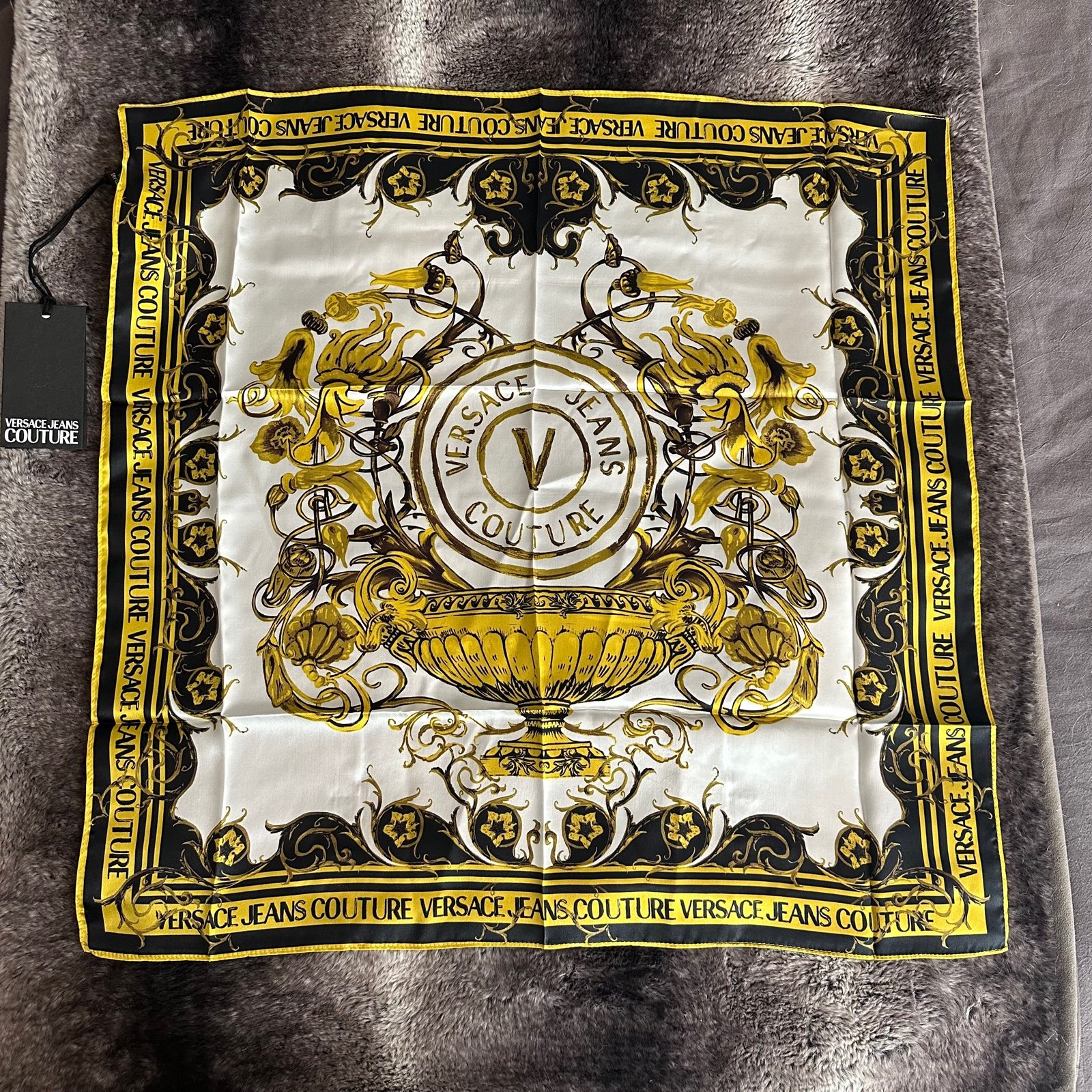 Versace White & Gold Garden Emblem Silk Scarf
