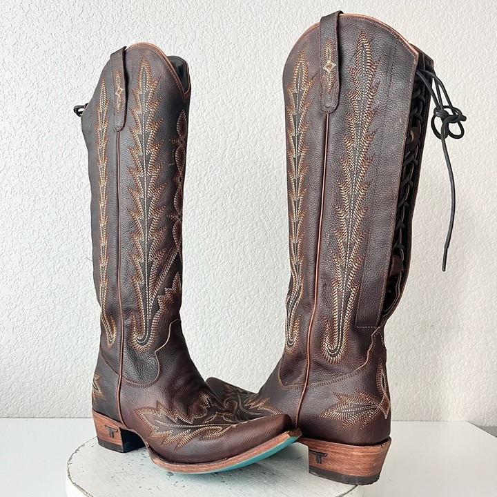 Lane LEXINGTON Knee High Womens Cowboy Boots 7.5 Brown Western Cowgirl Lace Up