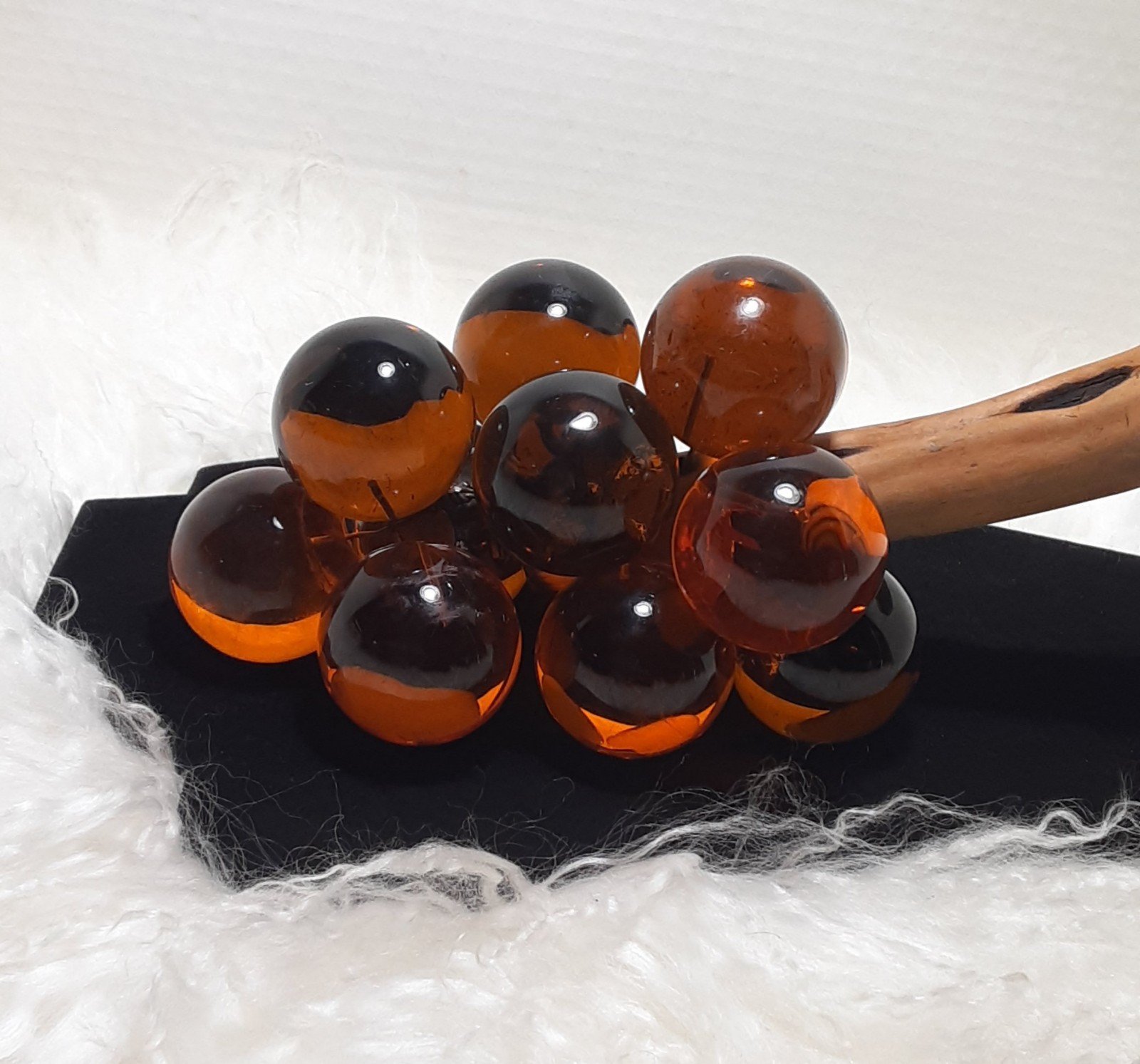 MCM Lucite Amber Grape Cluster on Driftwood Stem, Vintage Decor