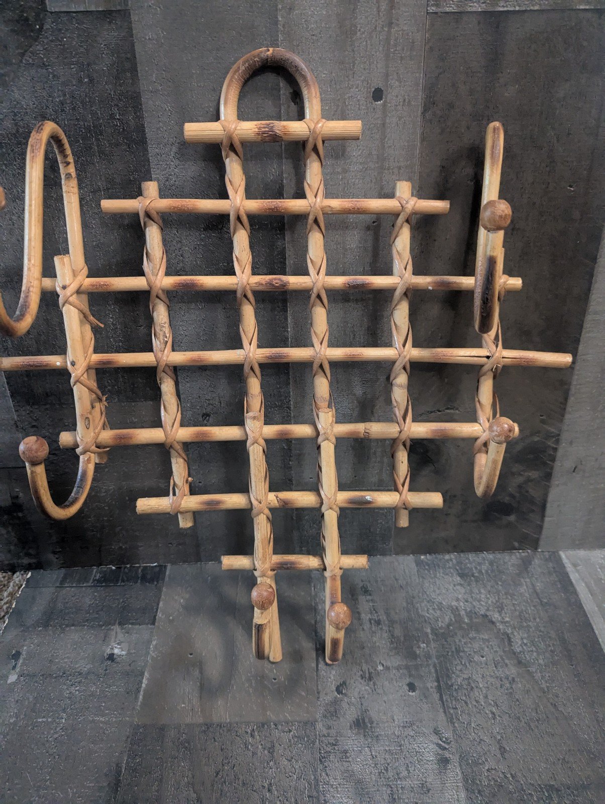Vintage French Mid Century Rattan Bamboo Tortoise Six Hook Wall