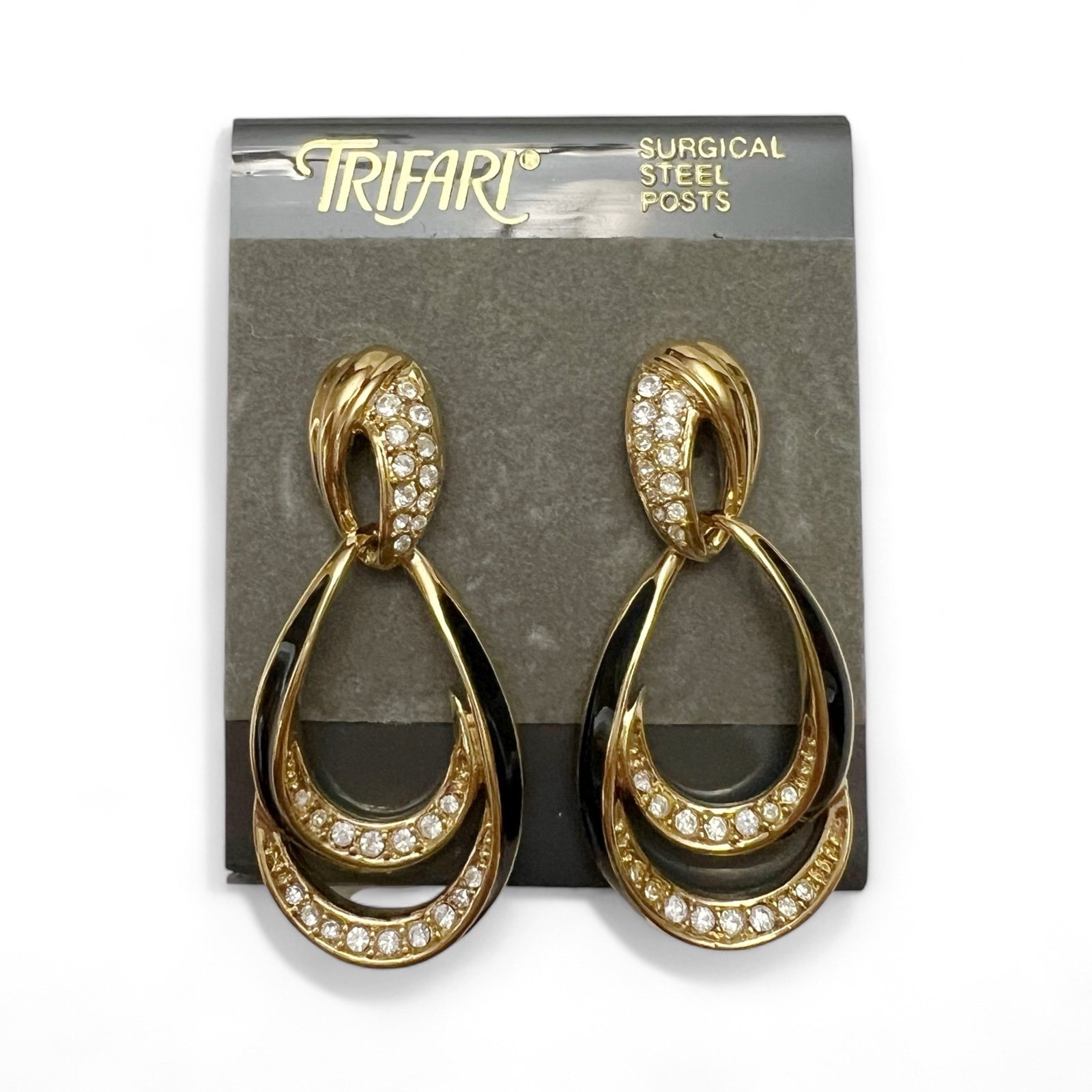 Vintage Trifari Black Enamel Clear Rhinestone Goldtone Teardrop Drop Earrings
