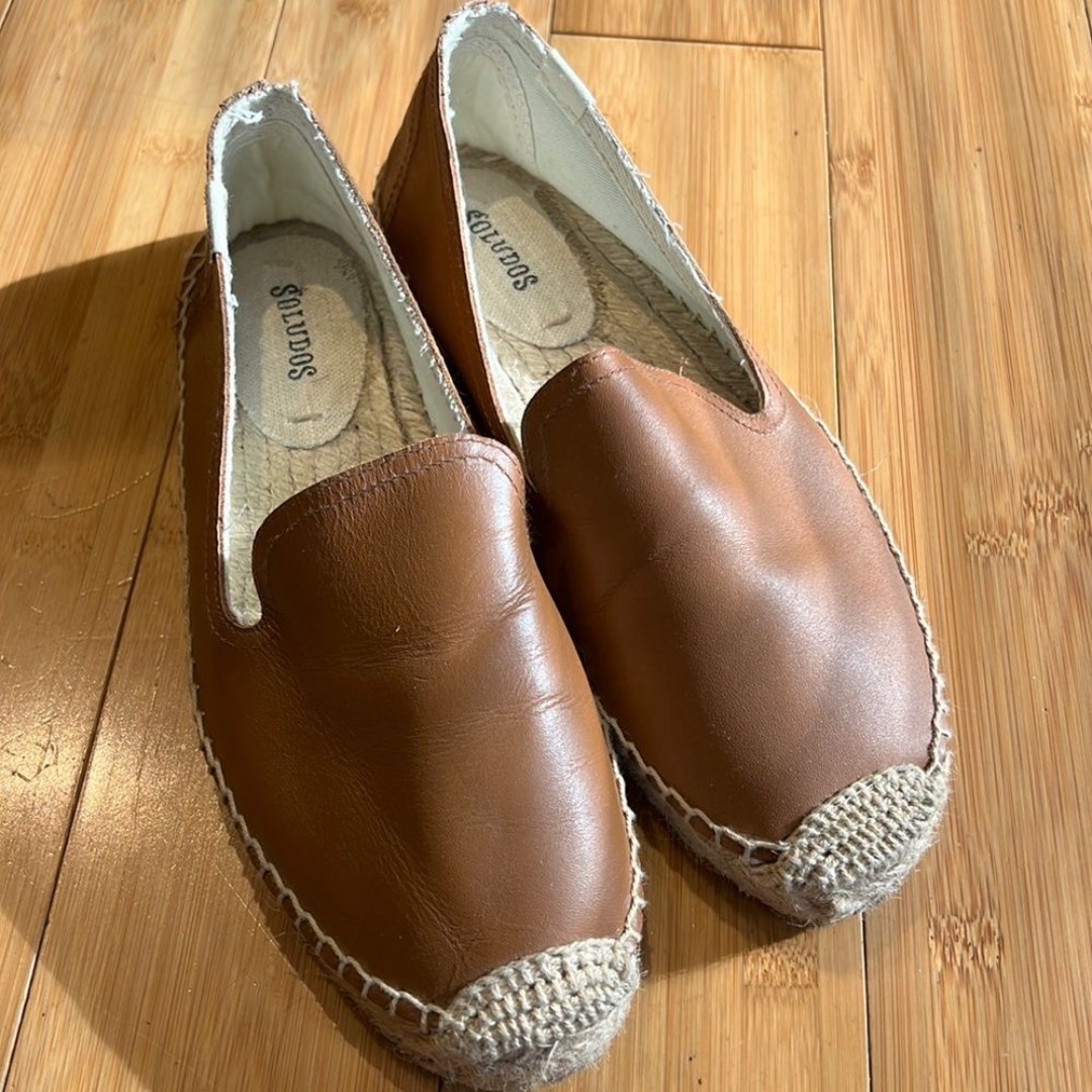 Soludos Espadrille Platform Leather Slippers in Brown Tan Size 7.5