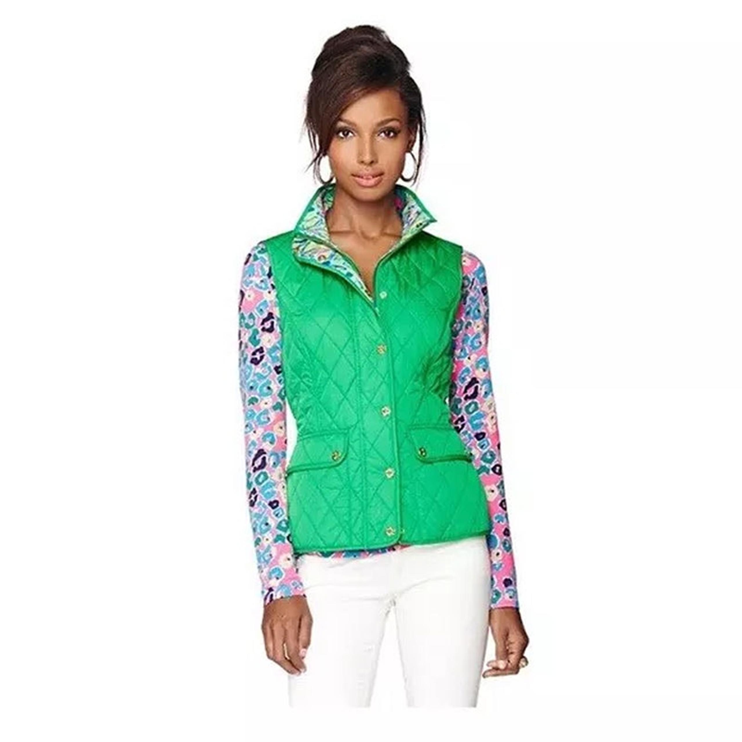 LILLY PULITZER Getaway Women's S Jade Full Zip Quilted Vest, Gold Snaps Pockets