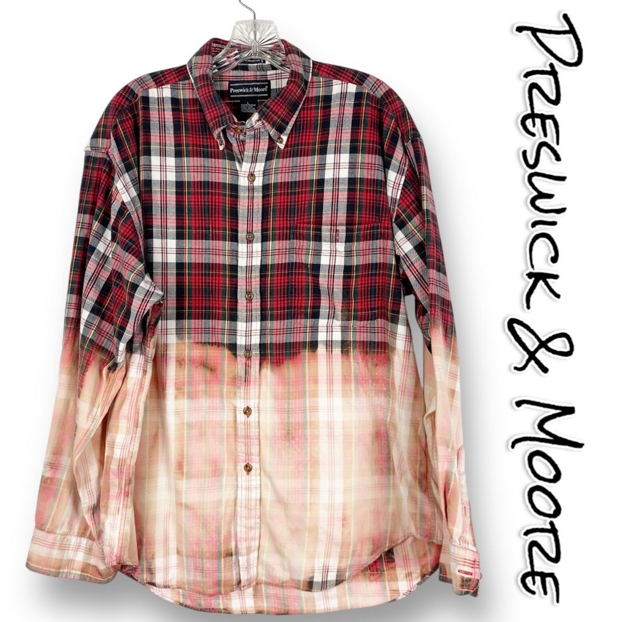 Dip Dye Bleach Red Plaid Shirt 100% Cotton Flannel Mens Size L - Preswick & Moore