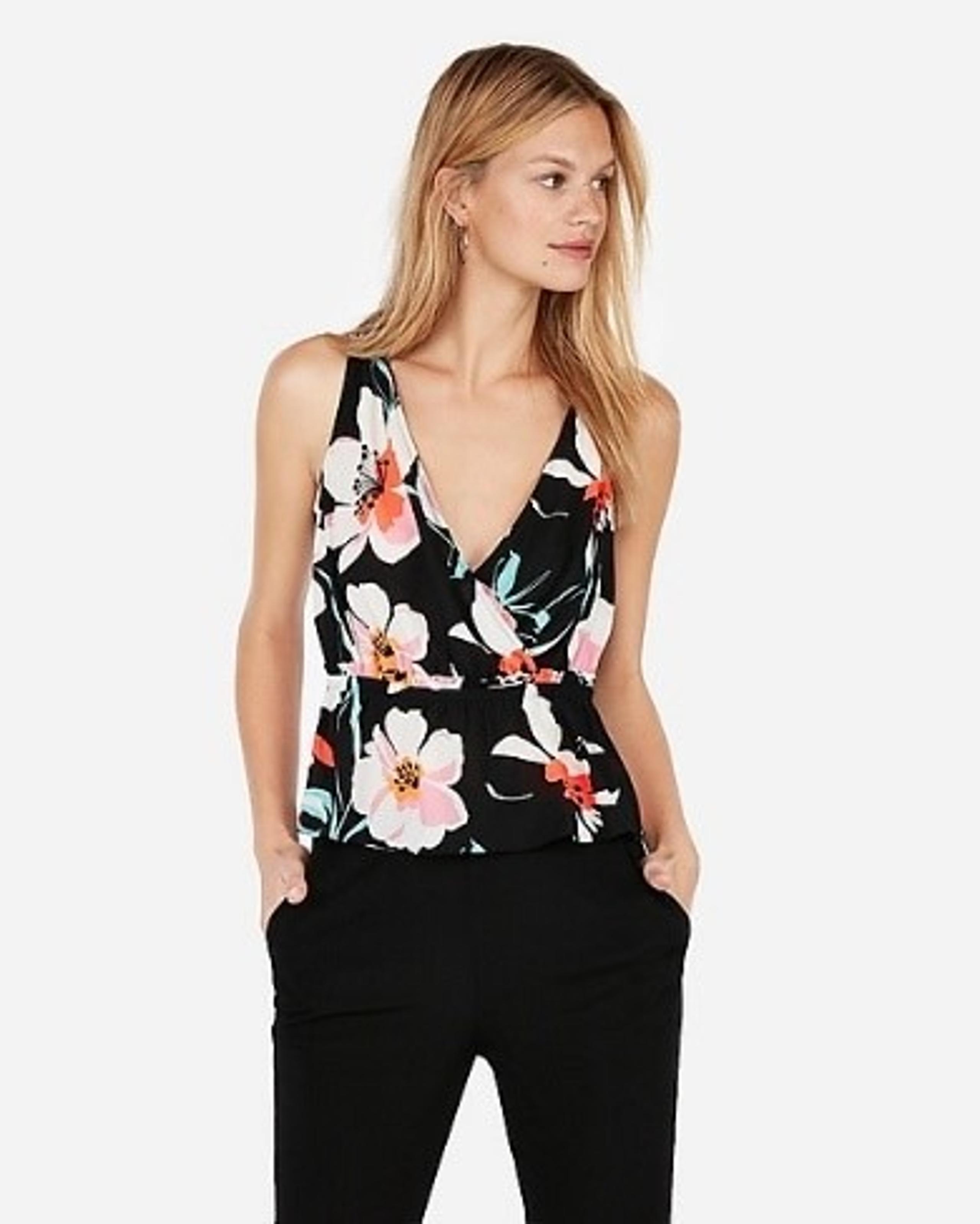 Express Floral V-Neck Surplice Tank Top