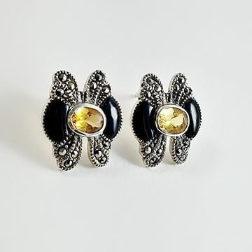 Multi Gemstone Earrings - Vintage Citrine, Onyx & Marcasite Earrings