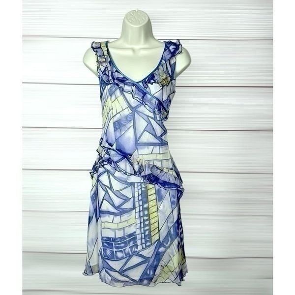 Diane Von Furstenberg Silk Chiffon Dress Blue Yellow Ivory Sleeveless US 2