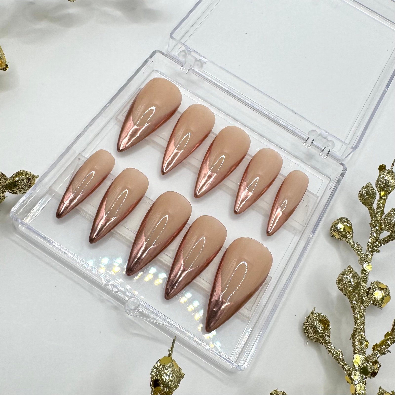Rose Gold Press On Nails - Medium Stiletto Chrome Press On Nails