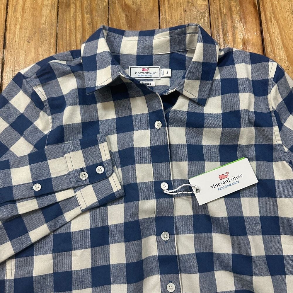 Vineyard Vines Performance Flannel Shirt Womens 2 Blue Plaid Relaxed (88)