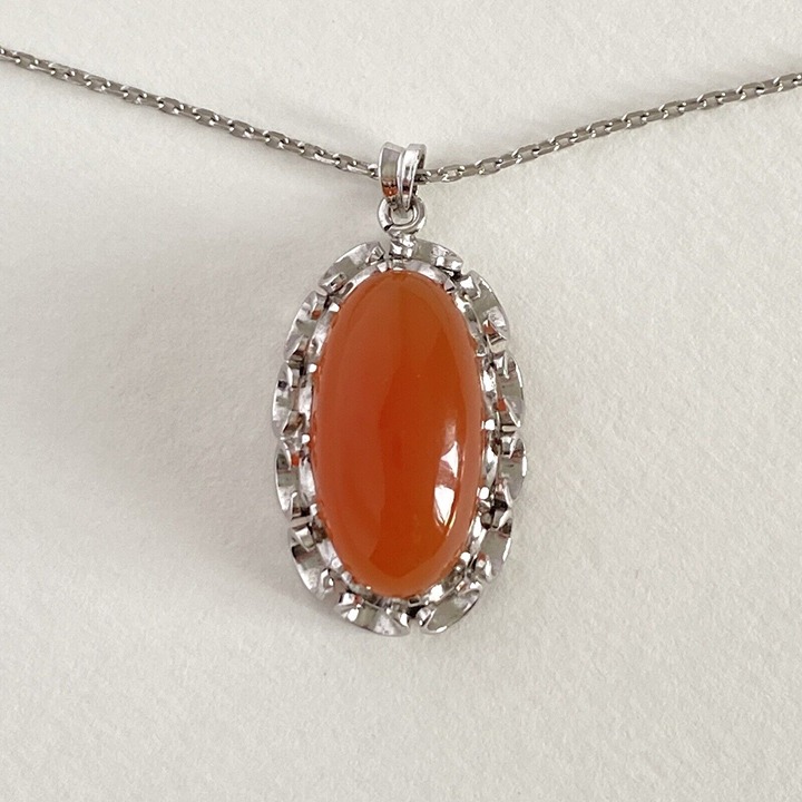 Carnelian Agate 21x11mm 14K White Gold Pendant on 10K Necklace 24in
