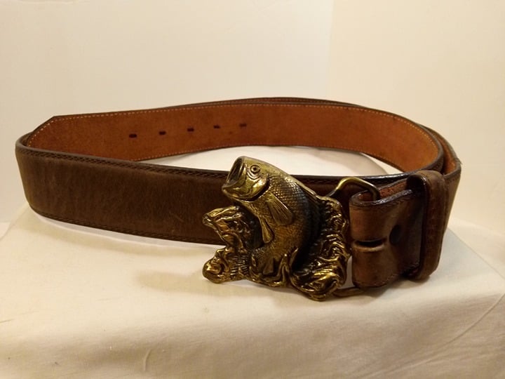 Vintage Leather Justin Belt Strap with BTS Big Mouth Bass Belt Buckle 70's-80's
