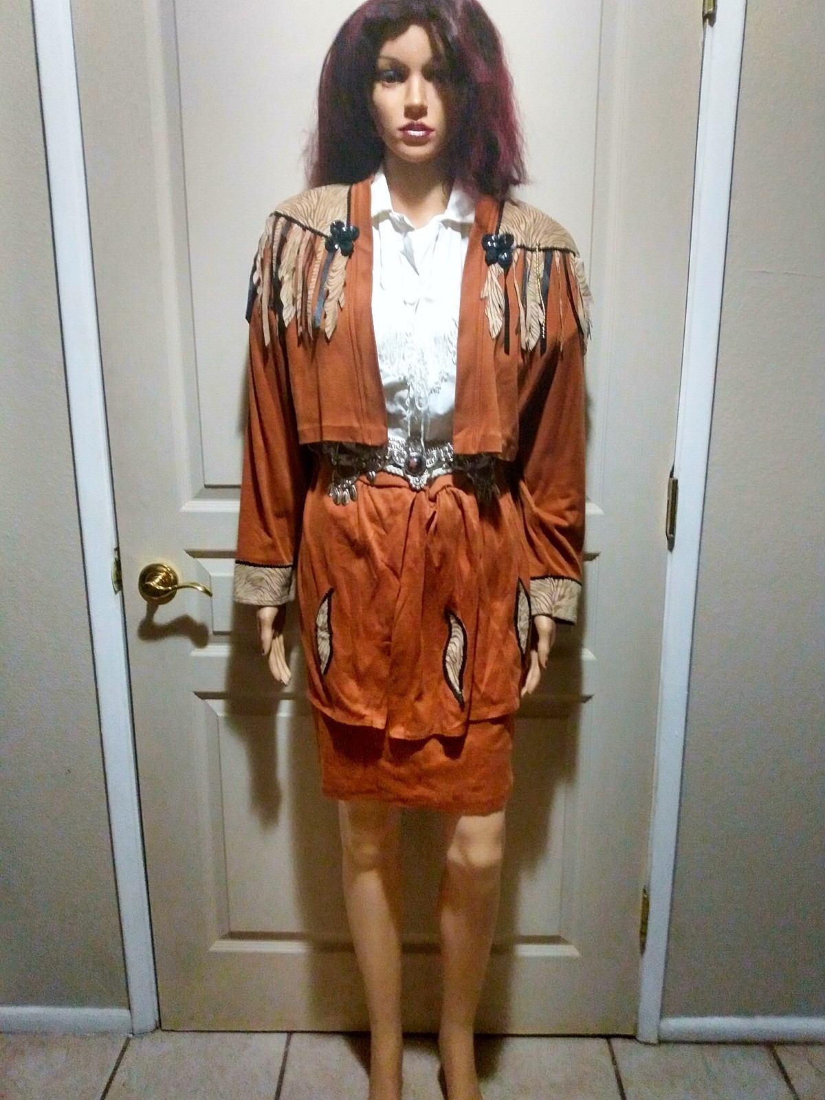 Vintage Native American Leather Suede Jacket & Skirt Set.