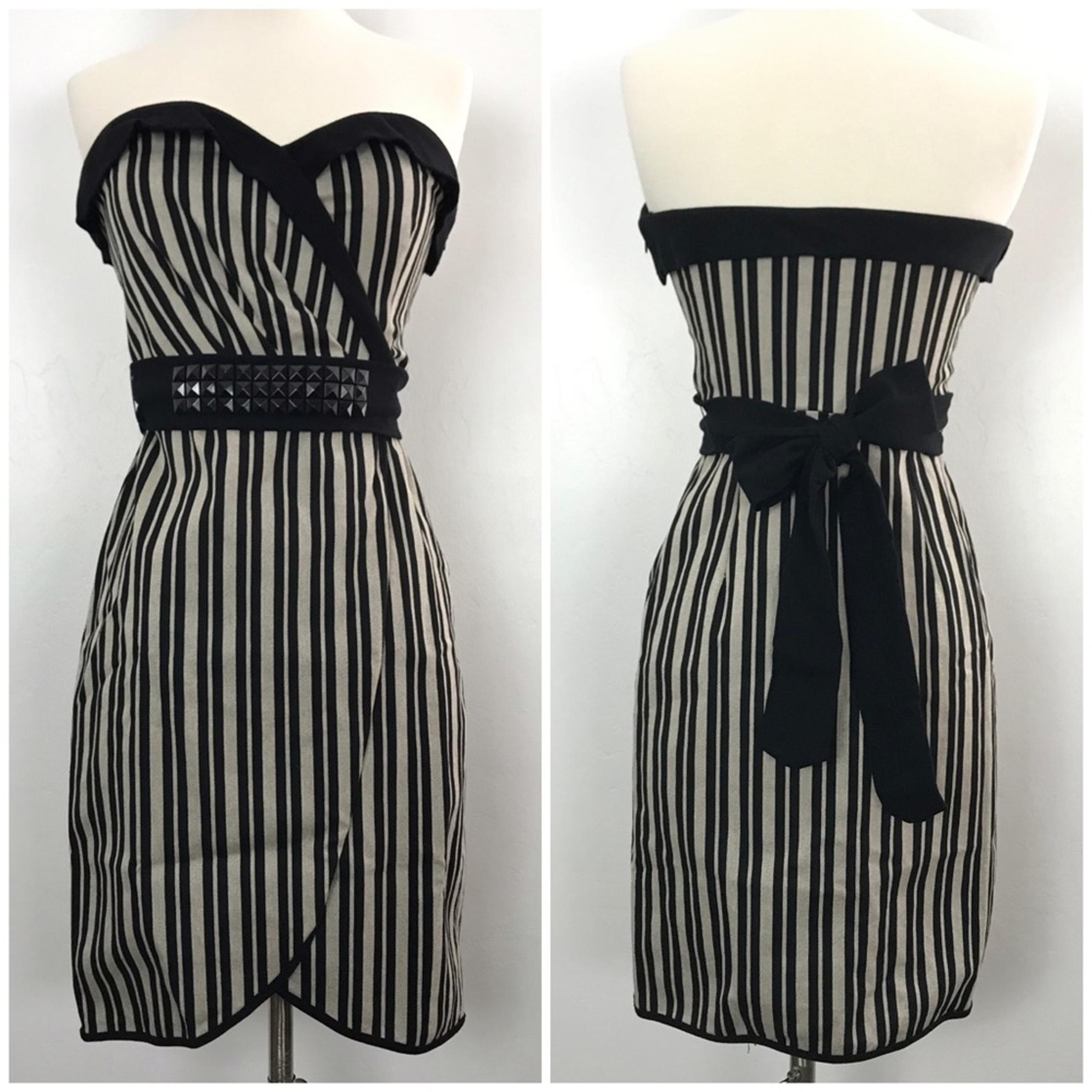 Eva Franco Veronica Strapless Faux Wrap Pin-Up Dress Stripes Black Tan Size 4