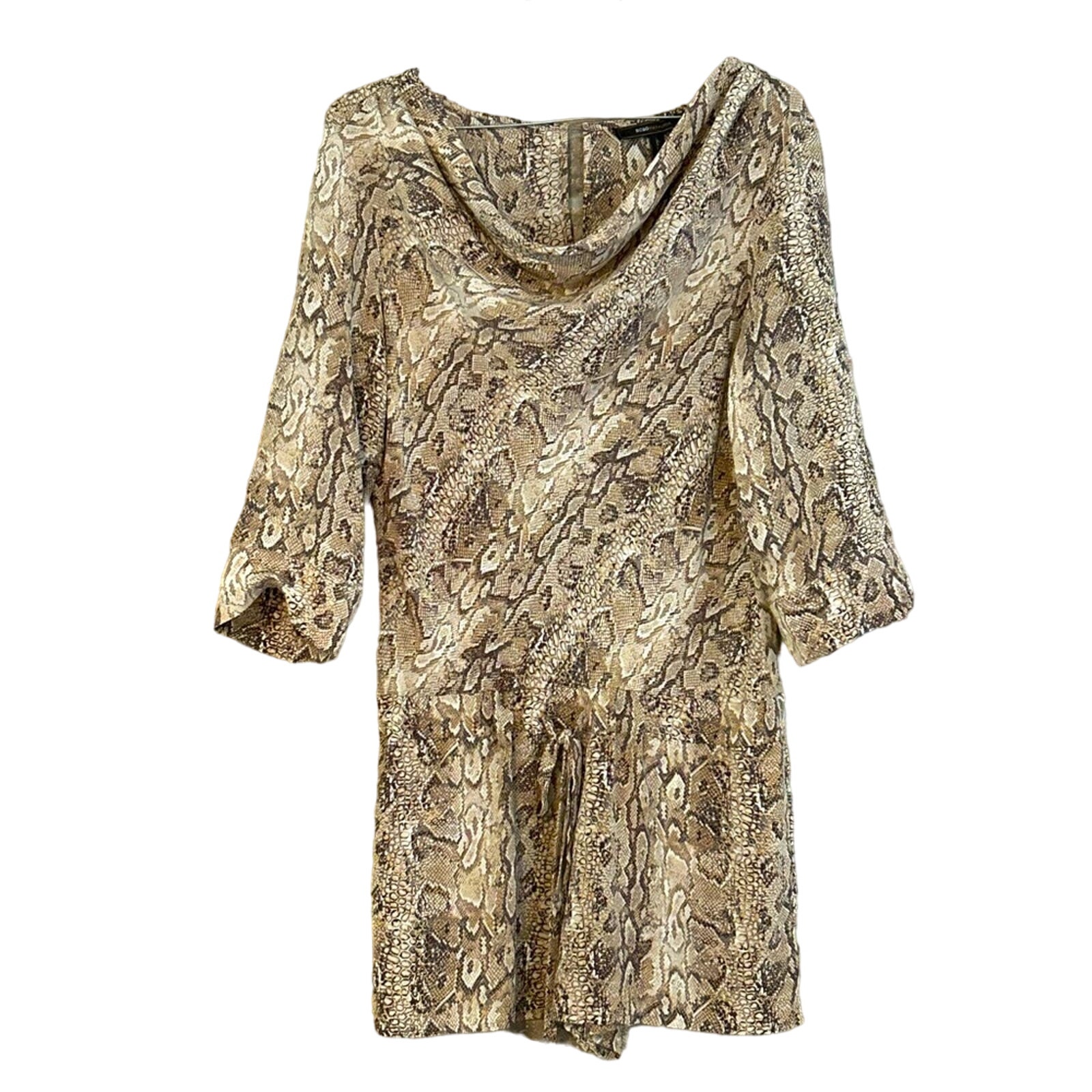 Bcbgmaxazria silk snakeskin print cowl neck quarter sleeve romper sz small brown