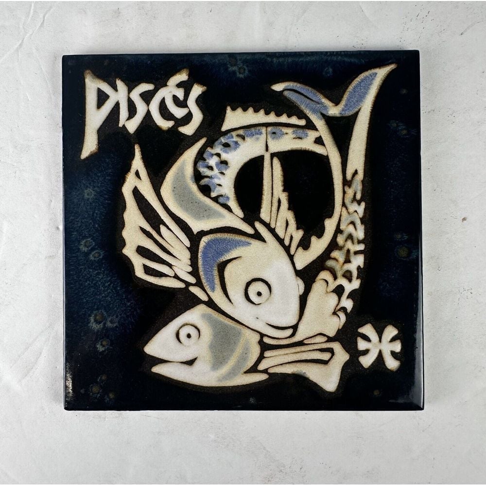 Vintage Pisces Fish Tile Pilkington Designed 6 x6 McM Black White Fireplace