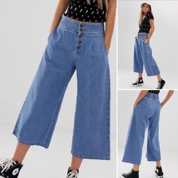 Hollister Womens Medium ultra High-Rise Denim Culottes 100% Cotton Blue Jeans