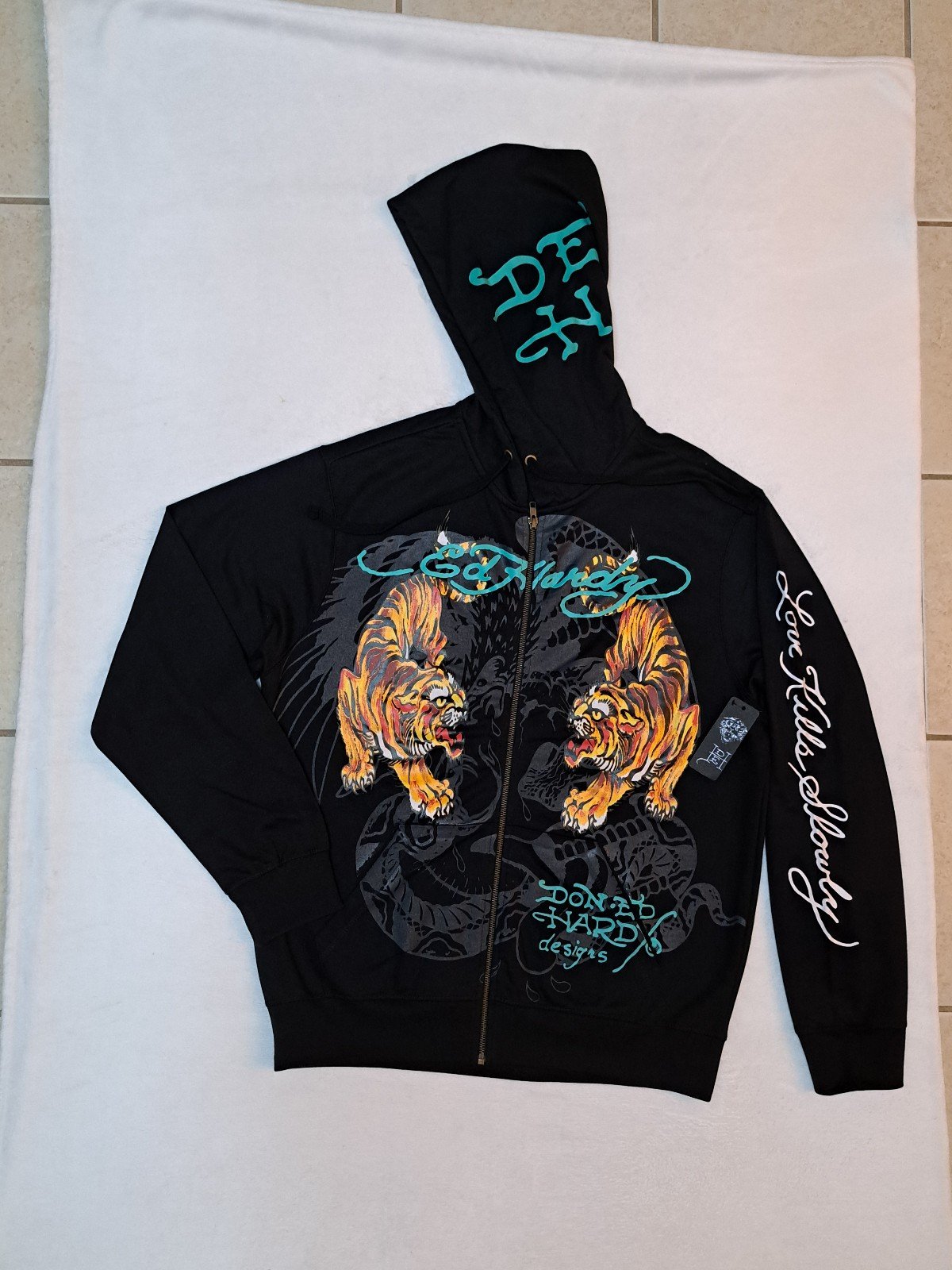 Ed Hardy CRAWLING TIGERS FULL ZIP HOODIE - Men's size LARGE