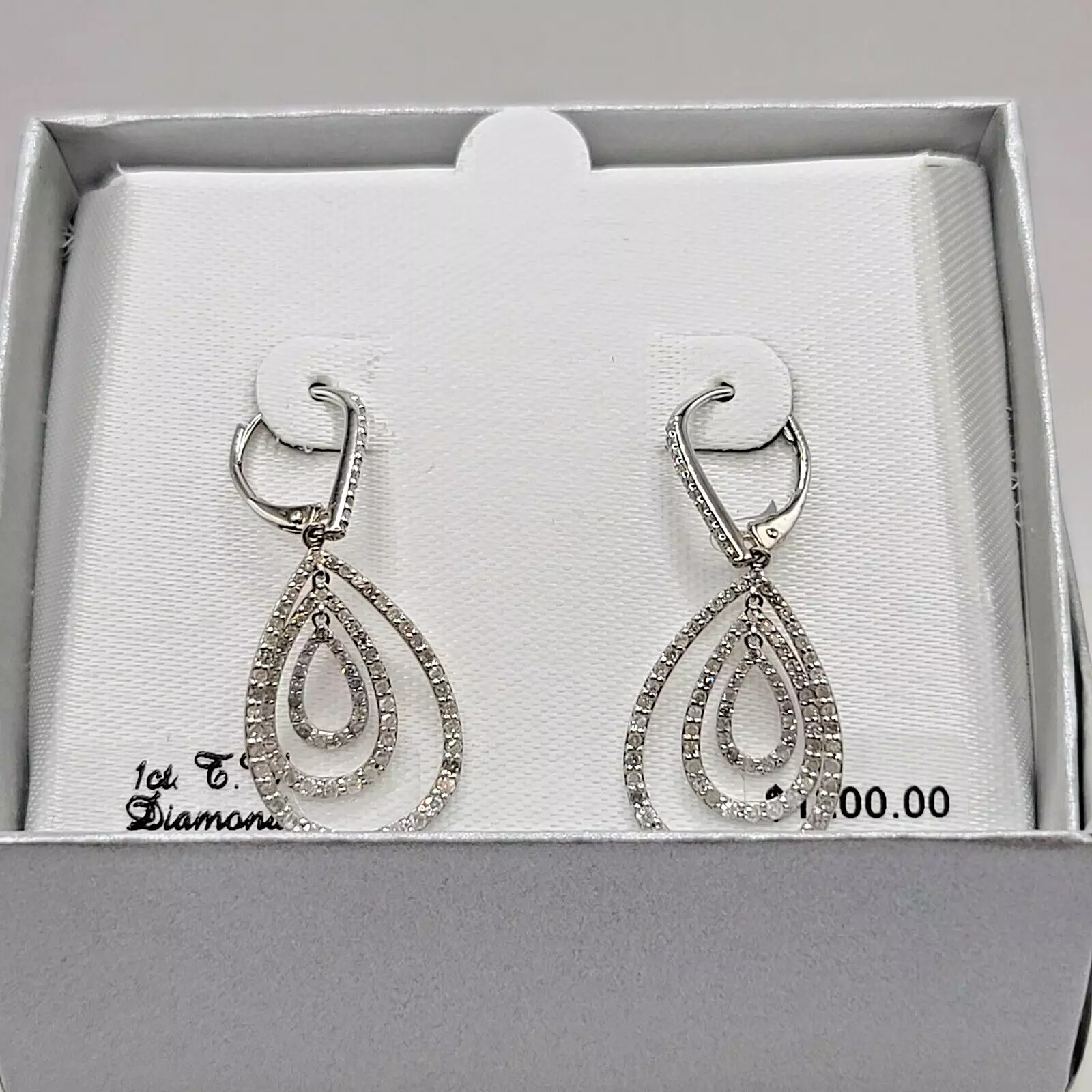 Sterling Silver 1ct tw Diamond Concentric Teardrop Leverback Drop Earrings 1200