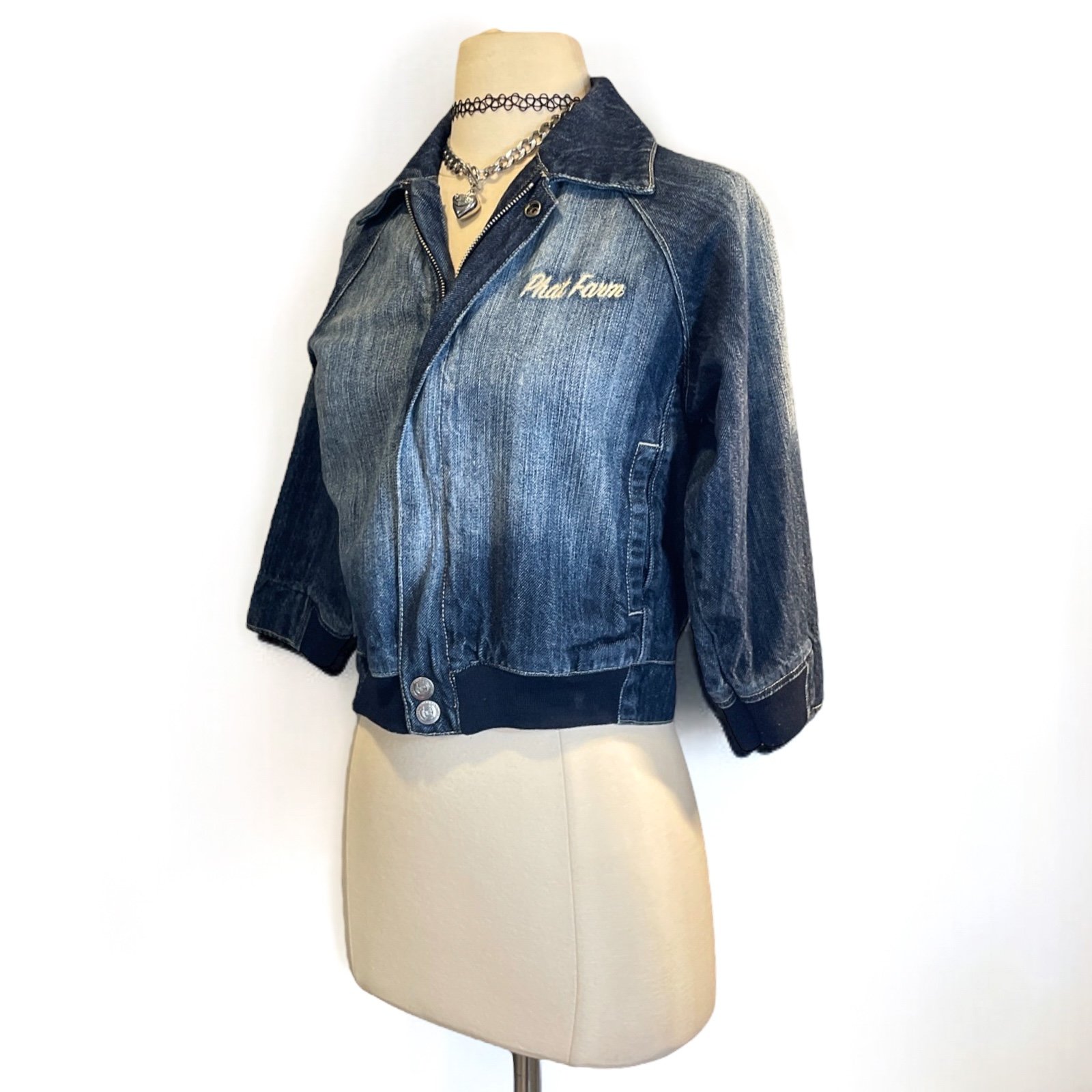 Y2k Phat Farm Denim Jacket Baggy Cropped Vintage 90s Streetwear Cybercore Baddie