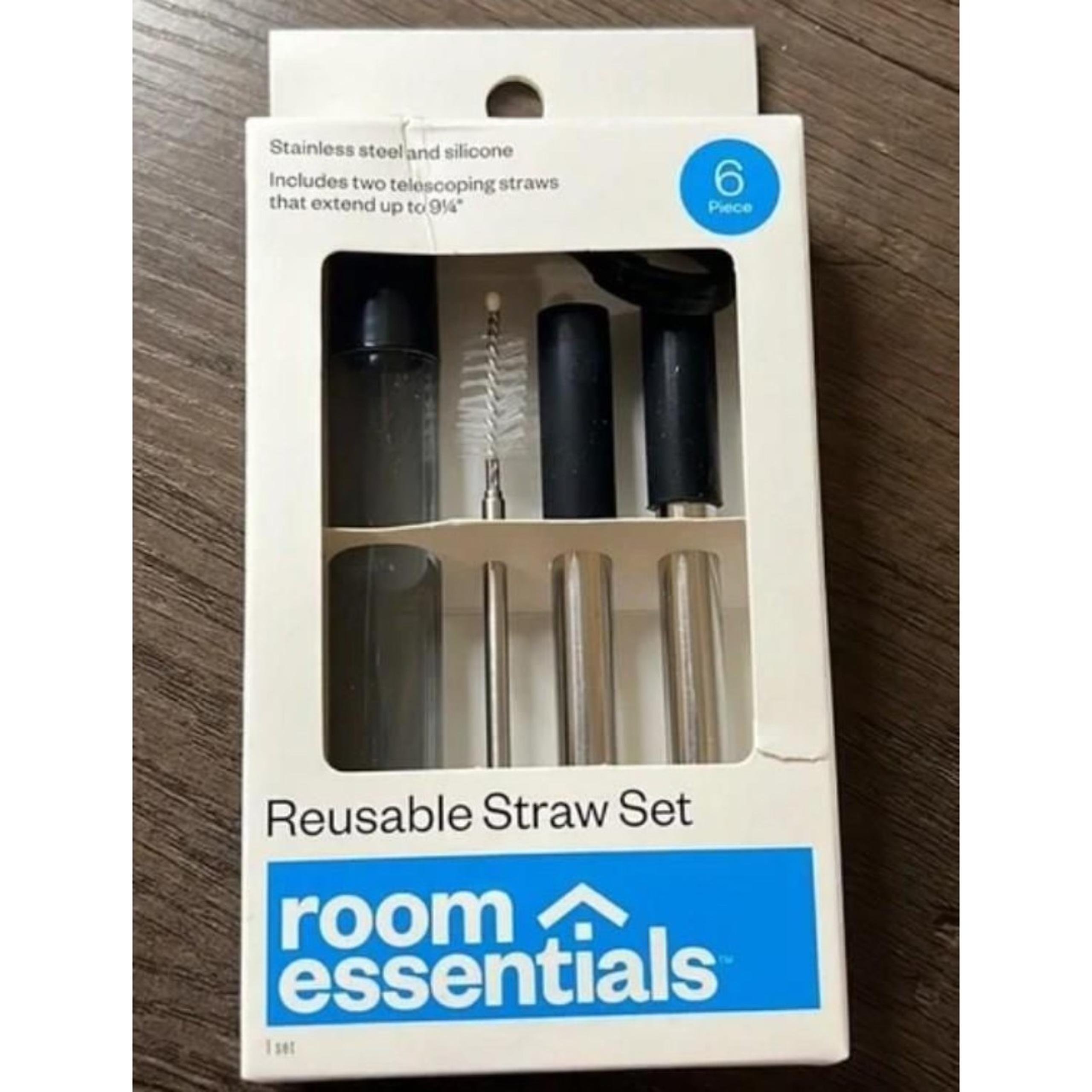 NEW Stainless Steel Reusable Straw & Cleaning Brush 6 Pc Set  ROOM ESSENTIALS