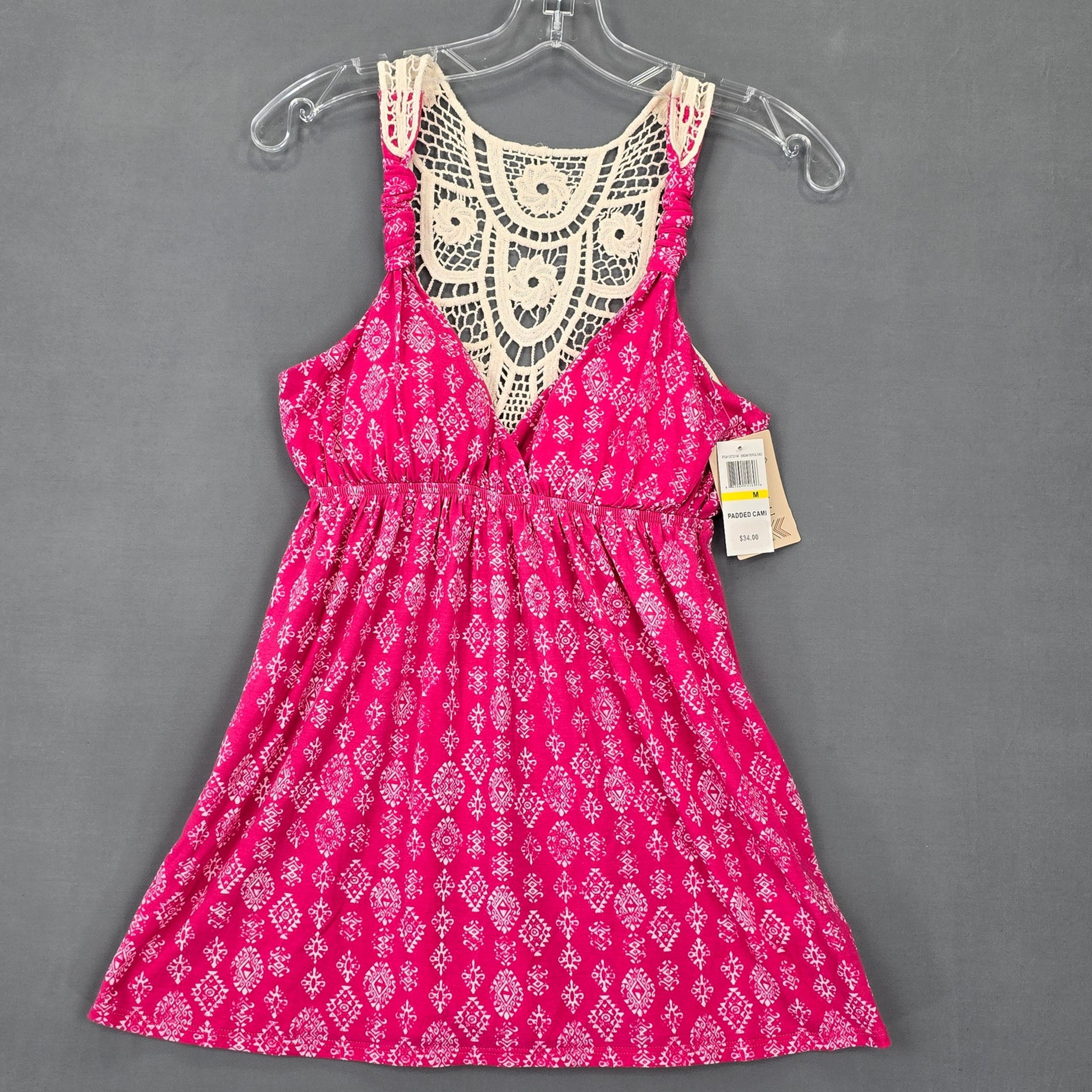 Pink Rose Women Tank Size M Pink Cami Stretch Bandana Lace Sleeveless V-Neck Top