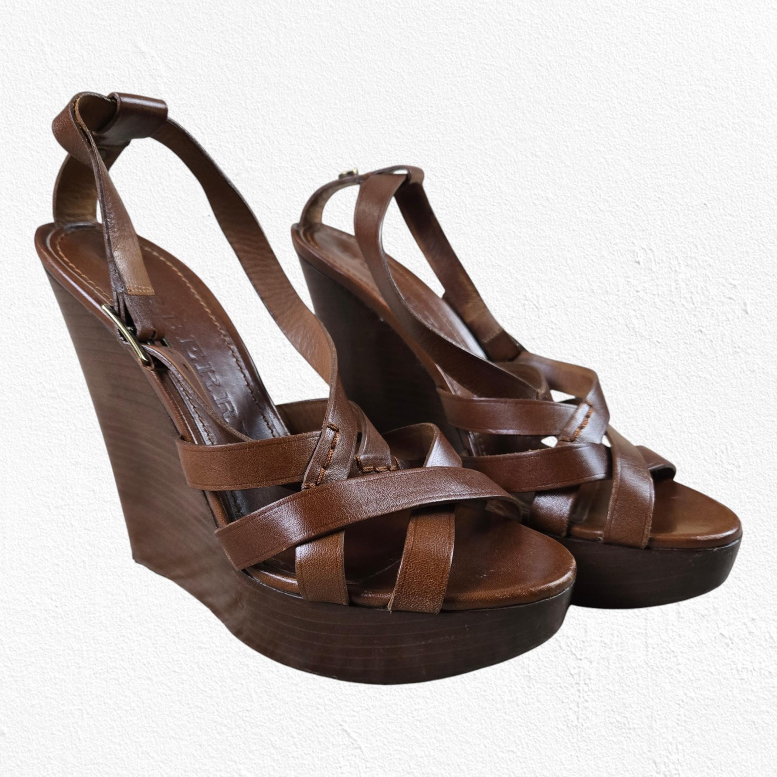 Burberry Brown Delmar Genuine Leather Slingback Open Toe Wedge Sandals 38.5 8.5