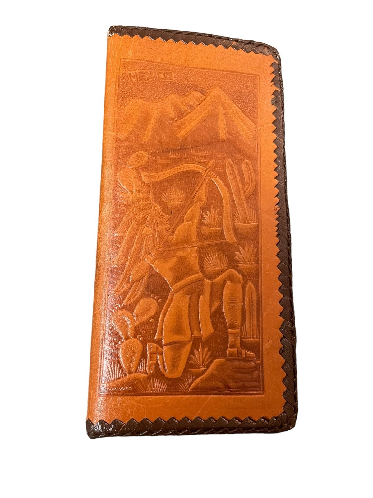 VTG Etched Hand Tooled Genuine Brown Leather Aztec Bifold Wallet Mexico READ
