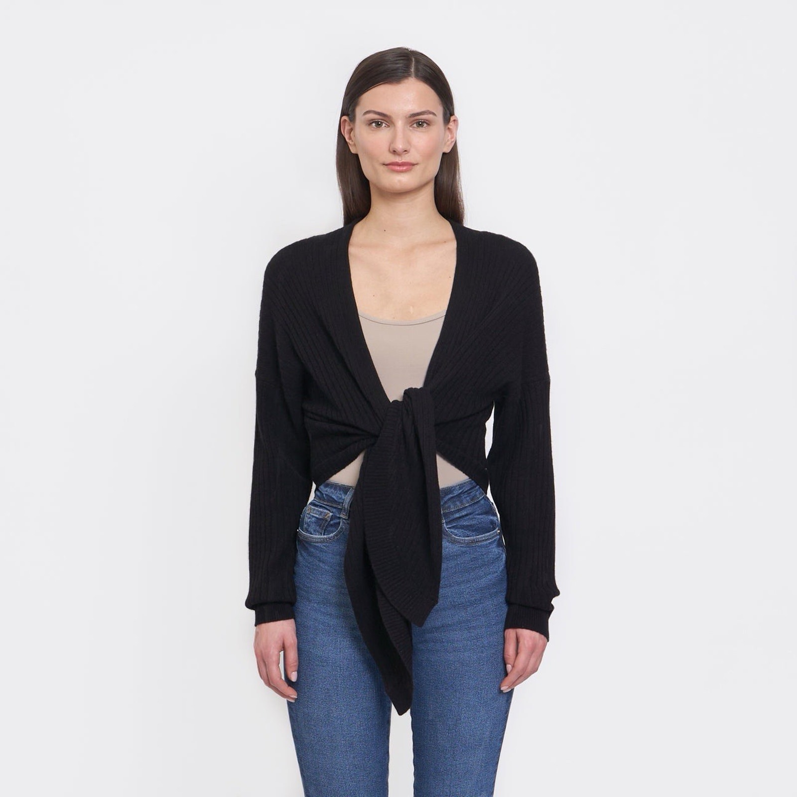 Autumn Cashmere Tie Front Rib Cardigan in Black Size S