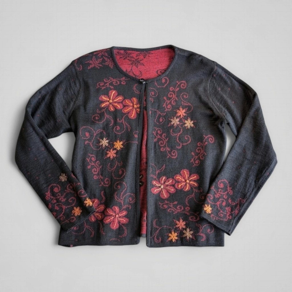 Alpaca Meadows Reversible Eclipse Moody Folk Art Floral One Button Cardigan Sz L