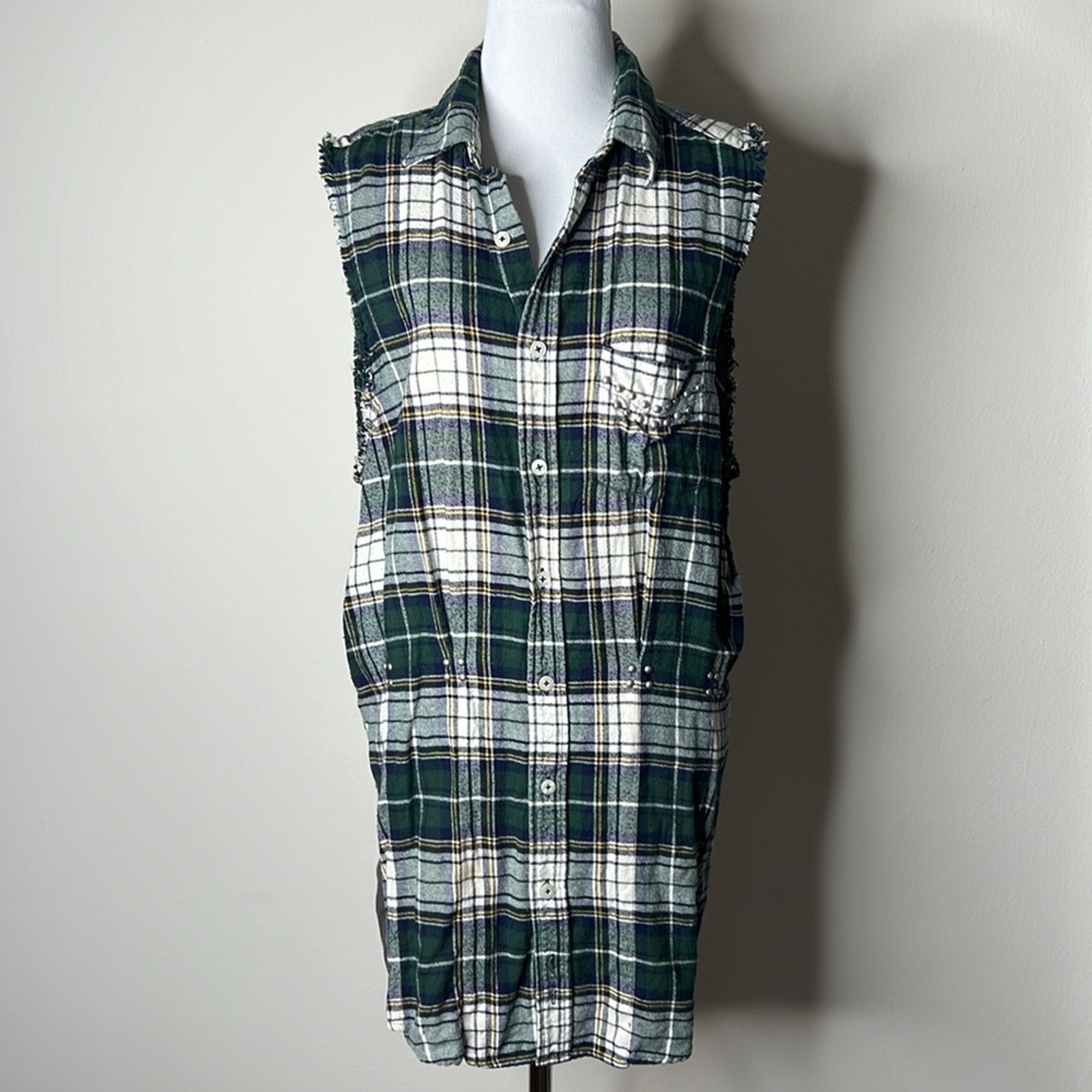 Free People Green Plaid Flannel Sleeveless Dress