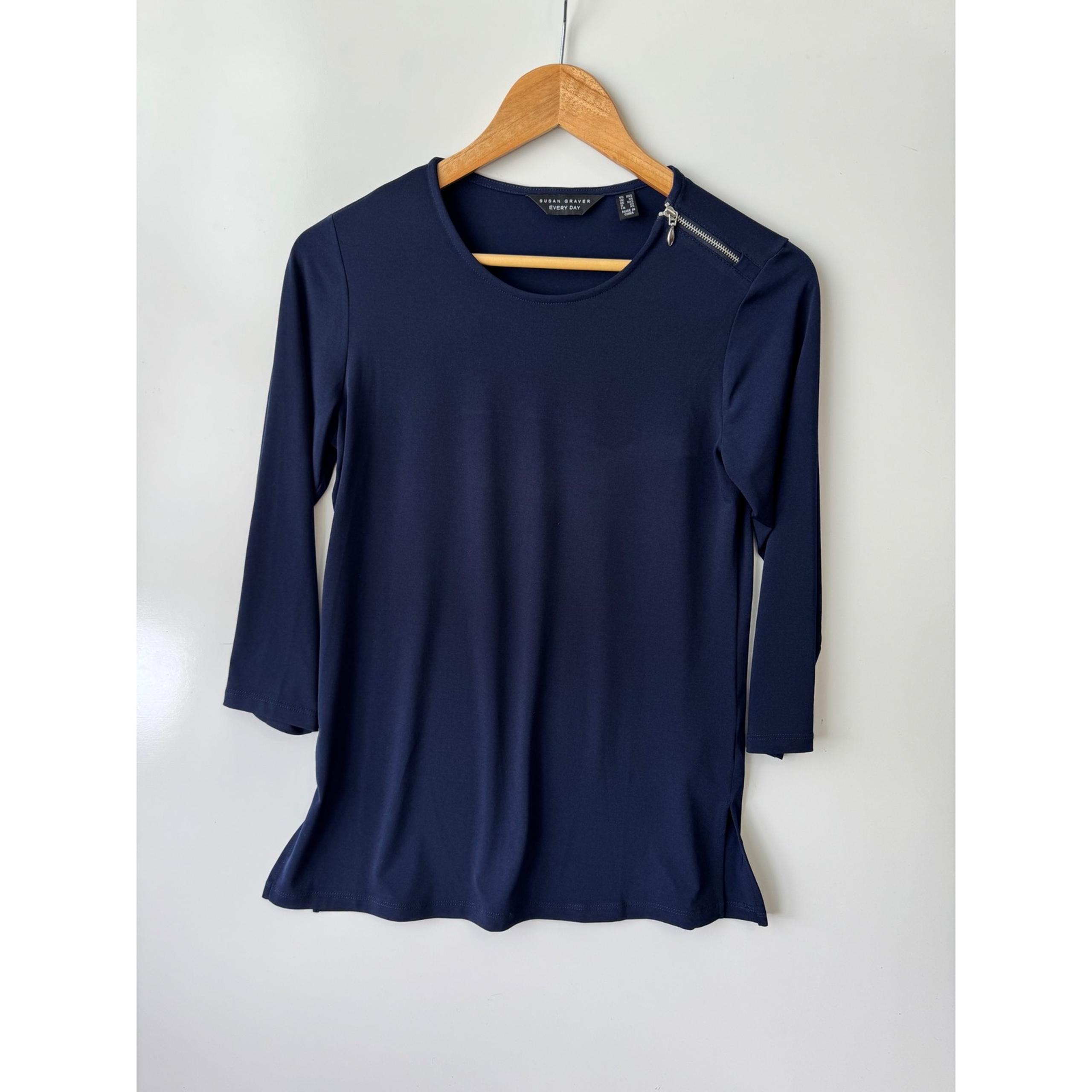 Susan Graver Everyday Top Zipper Accent 3/4 Sleeve Navy Blue XXS
