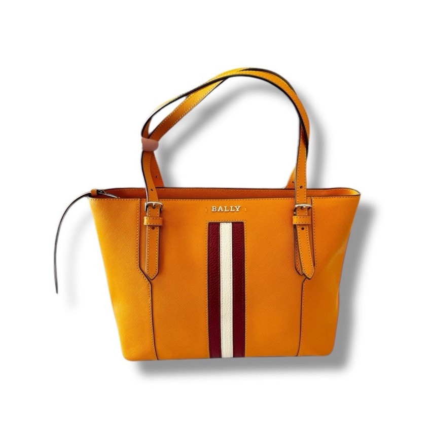 BALLY Switzerland Supra Central Stripe Leather Tote Bag Goldenrod Saffiano NWOB